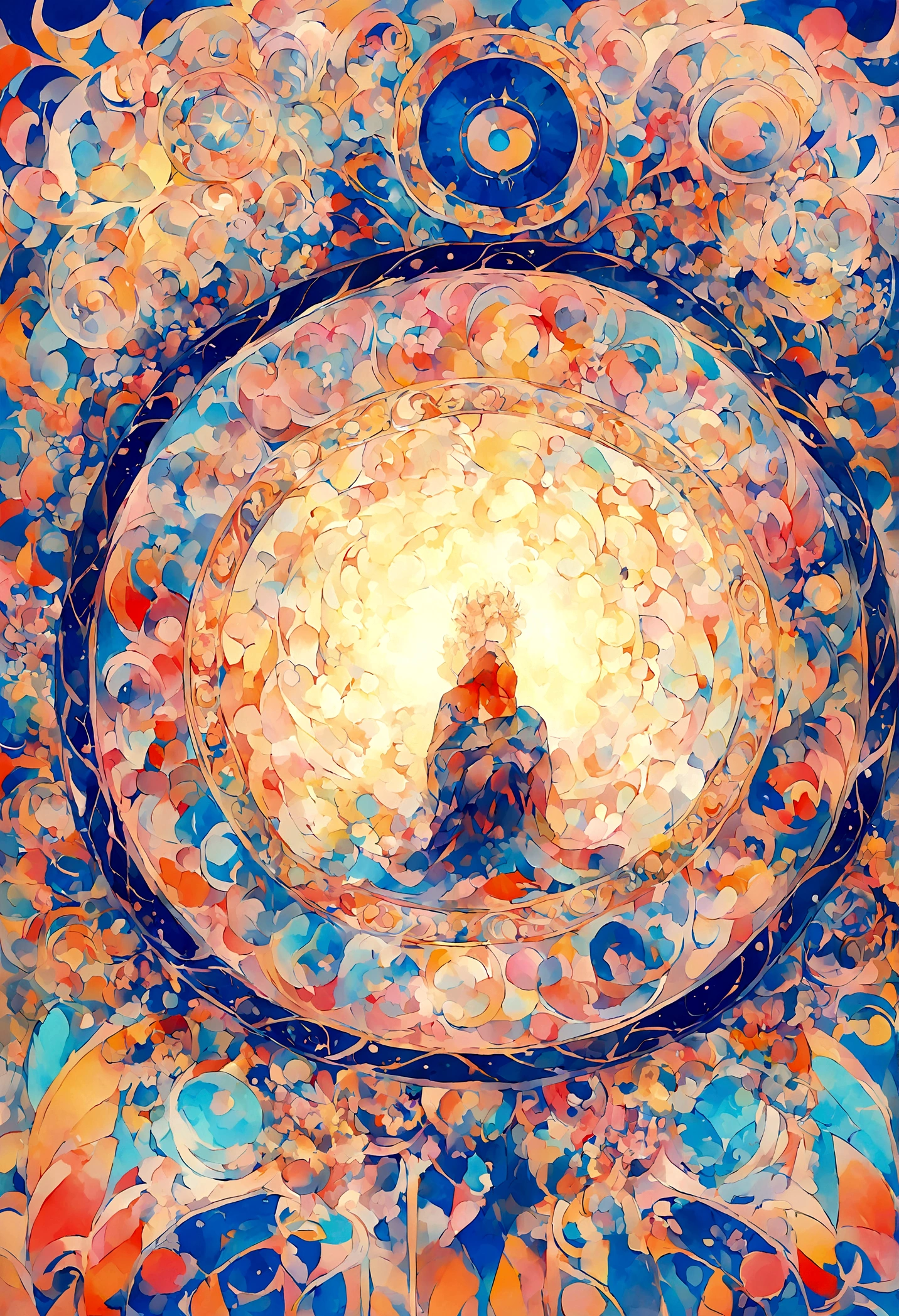 Ten Aspects of Longevity，A boy in the void，Curled up position，There are ten magic circles around the boy.，Sunny bright background
