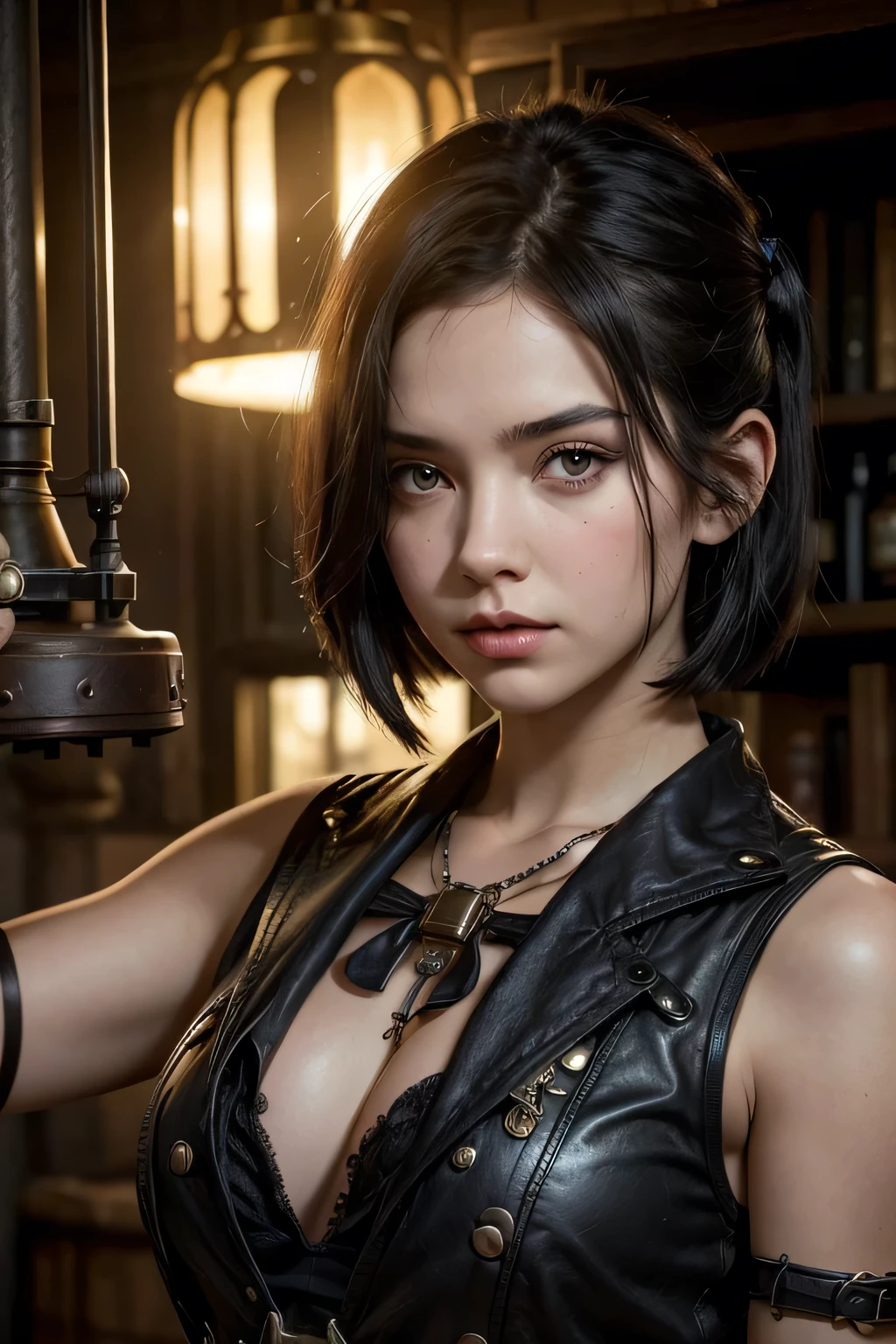 A young woman, with dark black bob hair , with a steampunk bow, in a post apocalyptic steampunk wild west decor.