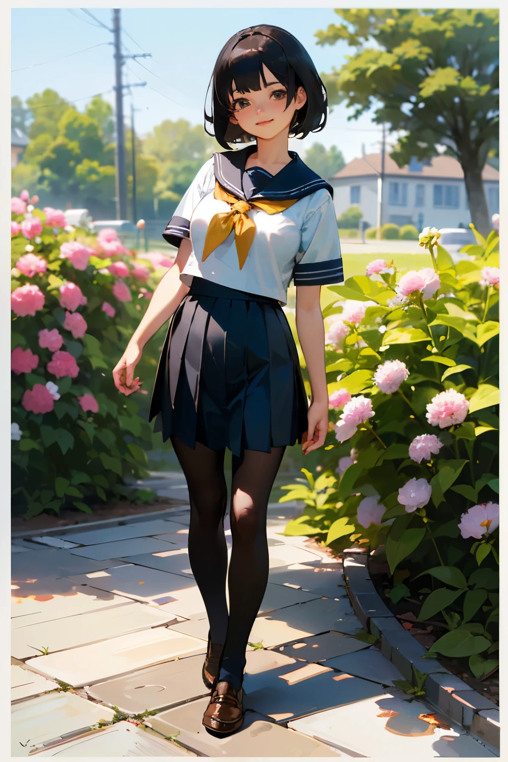 (highest quality, High resolution, Super detailed, Realistic:1.37), Peaceful atmosphere, (Outdoor, garden), Teenage girl standing alone,(my breasts are big.),Beautifully detailed features, Cute Smile, ((Black bob hair)),Short-sleeved sailor uniform, Pleated skirt,Black tights,Brown leather shoes.