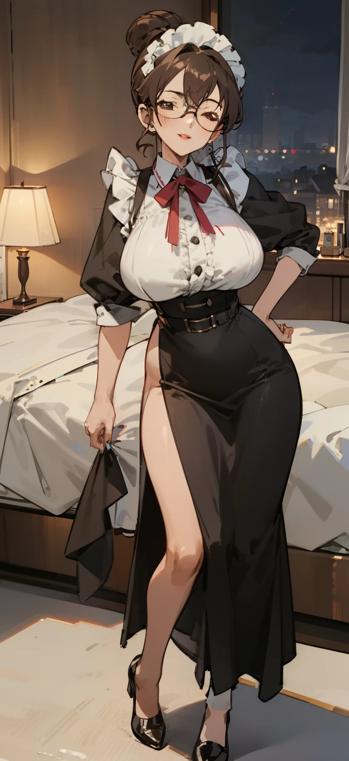 Night time,(Masterpiece), Best Quality, ultra-detailed, 1girl (eri,  Slender and sexy body, huge breasts, wide hips, brown hair, single hair bun, brown eyes, half-closed eyes,  spectacles), smile, parted lips, facing viewer, looking at viewer, solo, maid (black), frill, apron, maid headdress, in the  bedroom, standing,  Sexy waist teasing , Full-body 