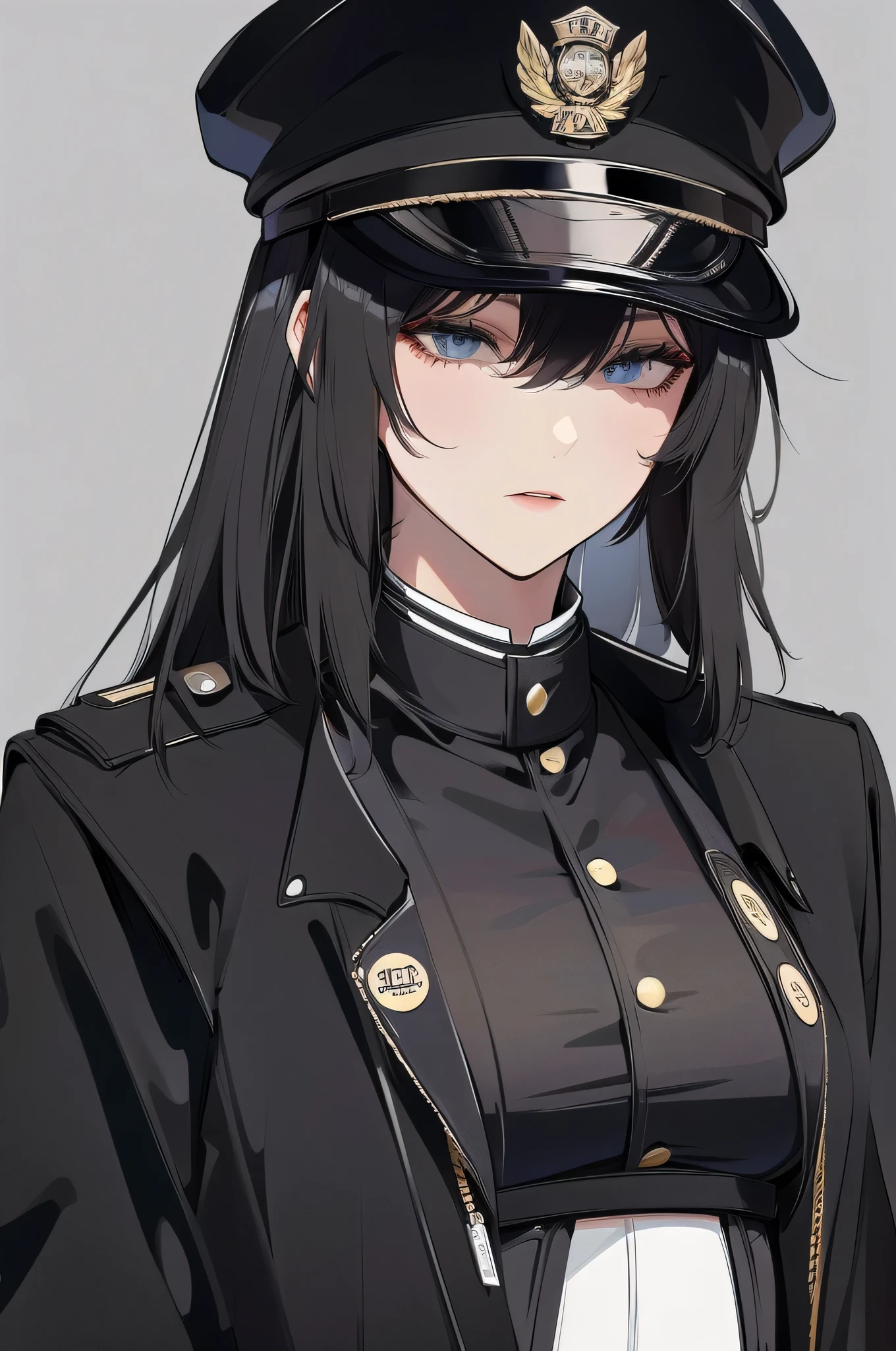 1 girl, solo, arafed women in a black uniform and a black hat, a black dieselpunk policewoman, in black military uniform, detective coat, officer, black greatcoat, police uniform, in black uniform, black armored uniform, dark coat, full uniform, inspired by Horace Vernet, officers uniform, he is wearing a black trenchcoat, dressed in black body armour