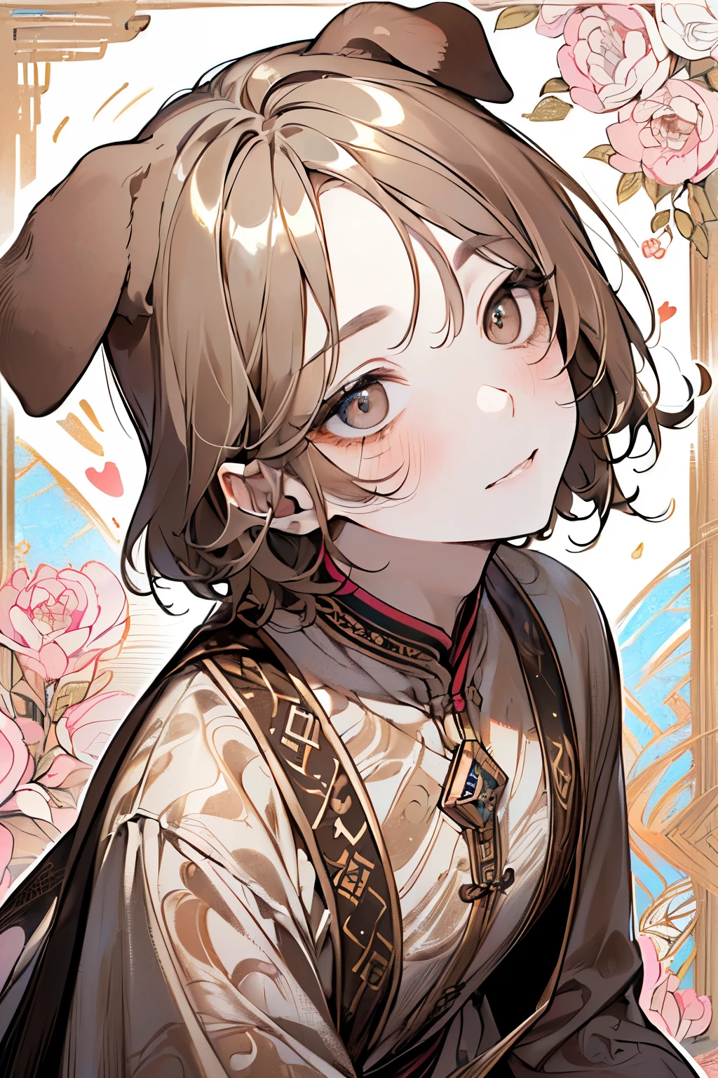 ,(((male:1.3))),((lightbrown hair:1.3)),(Shiny marble eyes:1.45),(forehead mark),(NSFW:1.15),((drooping dog ears:1.2)),(A lustrous, soft face:1.4),((blush、Waiting for a kiss、Excited face:1.2)),(head down and Looking up:1.5),((POP and cute animal footprint background:1.25)),((Gorgeous Arabian costume:1.3)),(hand to own cheek:1.2)