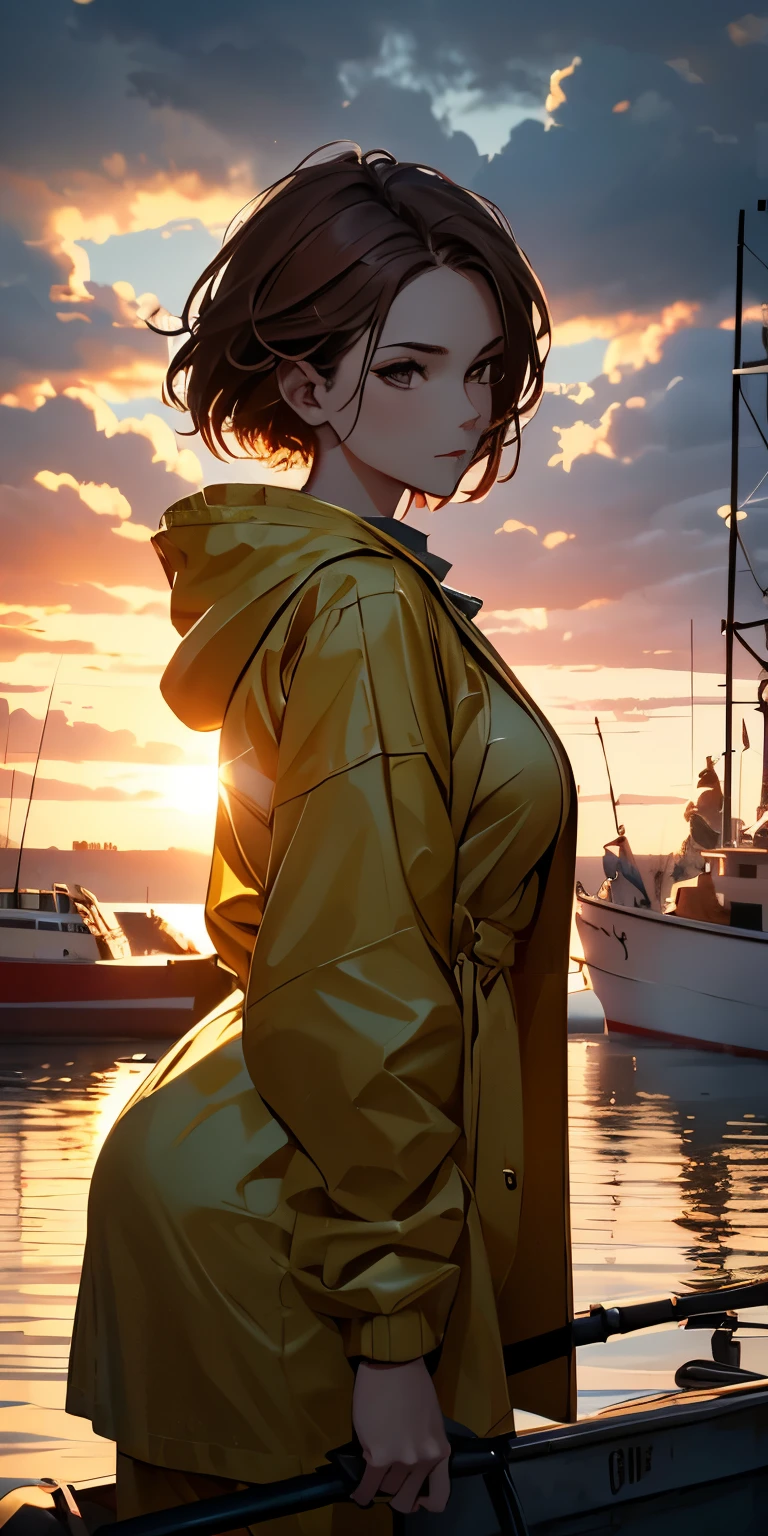 (masterpiece:1.2), best quality, photo of beautiful female fisherman, gingerhair, wearing yellow raincoat, (on fishing boat:1.3), dark clouds, Hyperdetailed, analog style, hip cocked, demure, low cut, detailed skin, matte skin, soft lighting, subsurface scattering, heavy shadow, masterpiece, best quality, golden ratio, Intricate