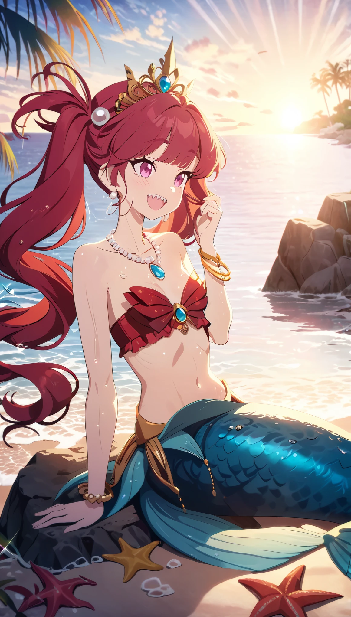 (best quality,4k,8k,highres,masterpiece:1.2),ultra-detailed, drawn in anime style, Pretty princess magically transformed into a beautiful mermaid, race swap, fantastic transformation, steampunk, fish like, wet body, dominant shades of red, long and detailed mermaid tail with shimmering red fish scales, fins ears, very long pigtails red hair that sparkles in the light, pearl hair ornaments, sharp teeth, is smiling, pink eyes, small breast, long pelvic and dorsal fins, pair of fish gills on her neck and torso, red shell bra, starfish hair clips, pearl earrings and bracelets, pearl necklace, hair ribbons, gold tiara, embracing her new life has a mermaid, joyful expression, sitting on a rock, sandy beach, brushing her hair, ocean waves,sparkling water,coconut trees,seagulls,vibrant colors,magical glow,shimmering scales,sea breeze,warm sunlight,joyful expression,island paradise,lush tropical plants,dynamic composition,soft and smooth lines,expressive facial features,gentle water reflections,serene atmosphere, Highly detailed, masterpiece, high quality, 4K