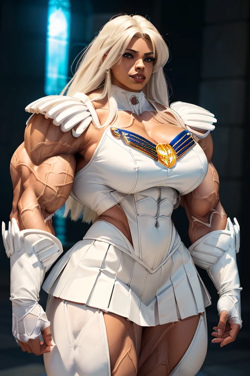 ((((Massive, tall, beautiful, buff, light brown skinned muscular woman with white hair, black lipstick, ginormous bulky muscles and wearing a white mechanized sailor moon suit and skirt)))), (close view), massive muscles, massive biceps, hyper muscle triceps, (long straight hair), blue eyes, white tiara, sailor moon boots, thunder, Space, night time, hyper muscles arms, hyper muscle legs, massive arms