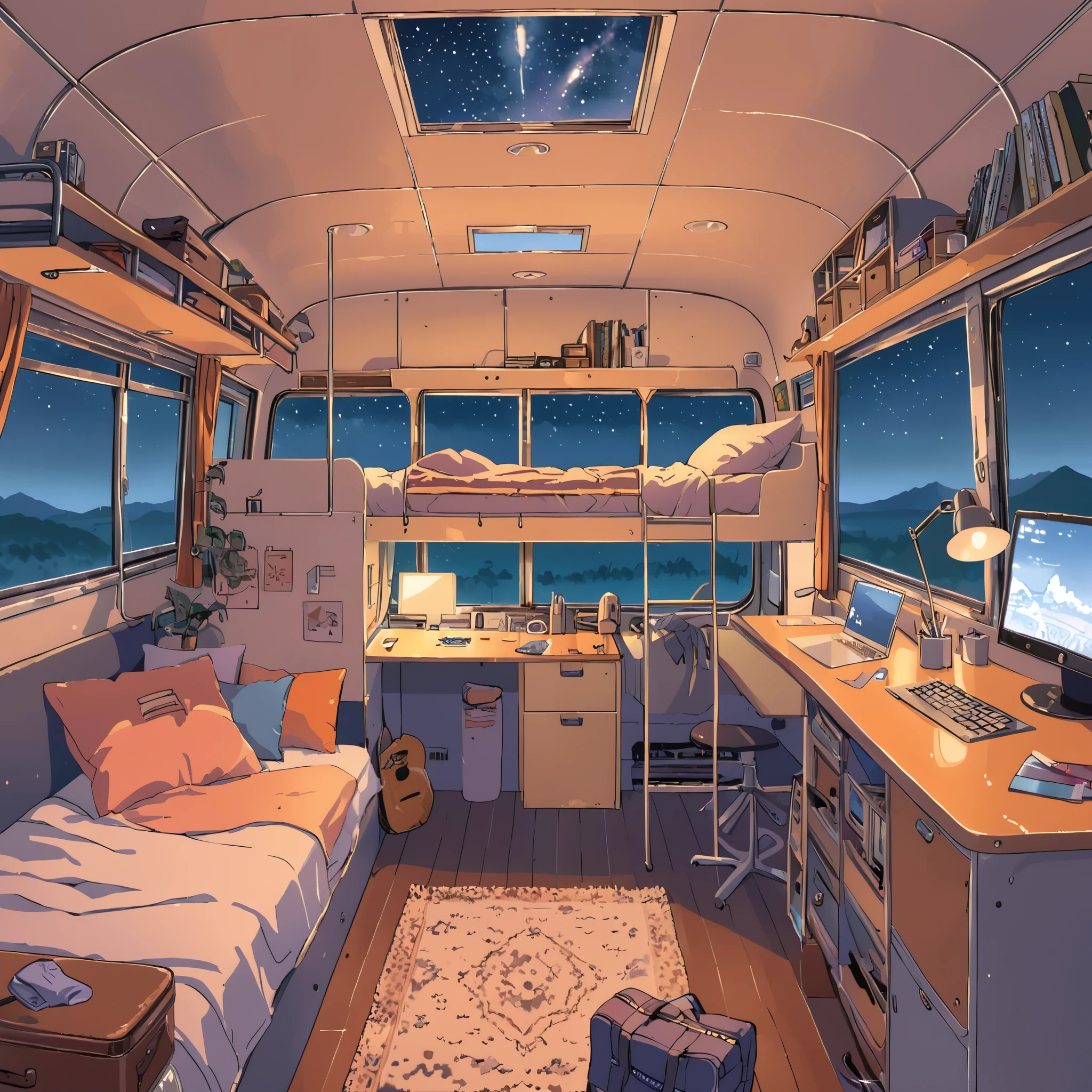 ((anime:1.4,illustration)),(masterpiece, top quality, best quality),(ultra-detailed, absolutely resolution),((16k, high res)). BREAK {lofi art, style of Laurie Greasley, style of Makoto Shinkai, anime aesthetic} BREAK {illustration of a man and a woman living inside a converted bus. The interior should be cozy and detailed, featuring bunk beds. The woman is on the upper bunk with a small window showing a night sky view, while the man is on the lower bunk with a desk, computer, and personal items. Include shelves, storage spaces, and scattered personal belongings throughout the bus, giving it a lived-in feel. The atmosphere should be warm and intimate, highlighting the unique and compact living environment inside the bus.}