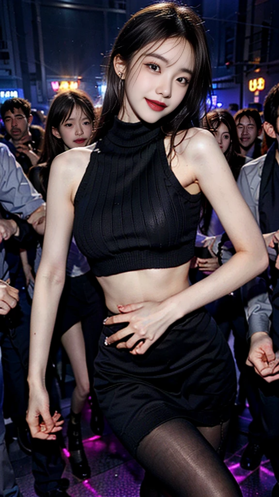 (realistic),(intricate details:1.2),(masterpiece:1.3),(top quality:1.4),(Ultra A high resolution:1.2),Ultra A high resolution, 8K resolution, NSFW, 1 woman ,(27 years old, female, korea, kpop idol) ,(High neck sleeveless knit, white colored thight miniskirt, wire high heels:1.3), sequin chain belt, plump thighs, slim legs, beautiful, shoot from the knee, angle from below, beautiful body, nail art, bracelet, jewelry earrings, cocaine, medium makeup,(Facial makeup : 1.4), long eyelashes、Clear eye line, beautiful figure, the beautiful hip line、random seductive poses、((fascinating expression:1.1)),((etched smile)),((wavy hair flipped to one side))、The face is orderly, fascinating look、Gestures of seduction、detailed face、beautiful face、Light brown eyes, (full body photo), (eye for detail)、(detailed face characteristics)、random and sexy poses、beautiful legs, ultra-thin fresh-colored pantyhose, realistic pantyhose, Shaked hips, clean armpits, wire high heels、Your butt line is pretty., (UV black light :1.5), Dark Live House (Dark Live House) (Dark Live House (Dark Live House)), night club, Psych Lighting, Dark interior, surrounded by men, intense dance, fluttering hair, fire, crowded crowd, So many men surrounding her, behavior of man touching her