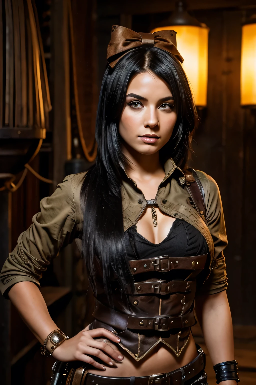 A young woman, with dark black bob hair , with a steampunk bow, in a post apocalyptic steampunk wild west decor.