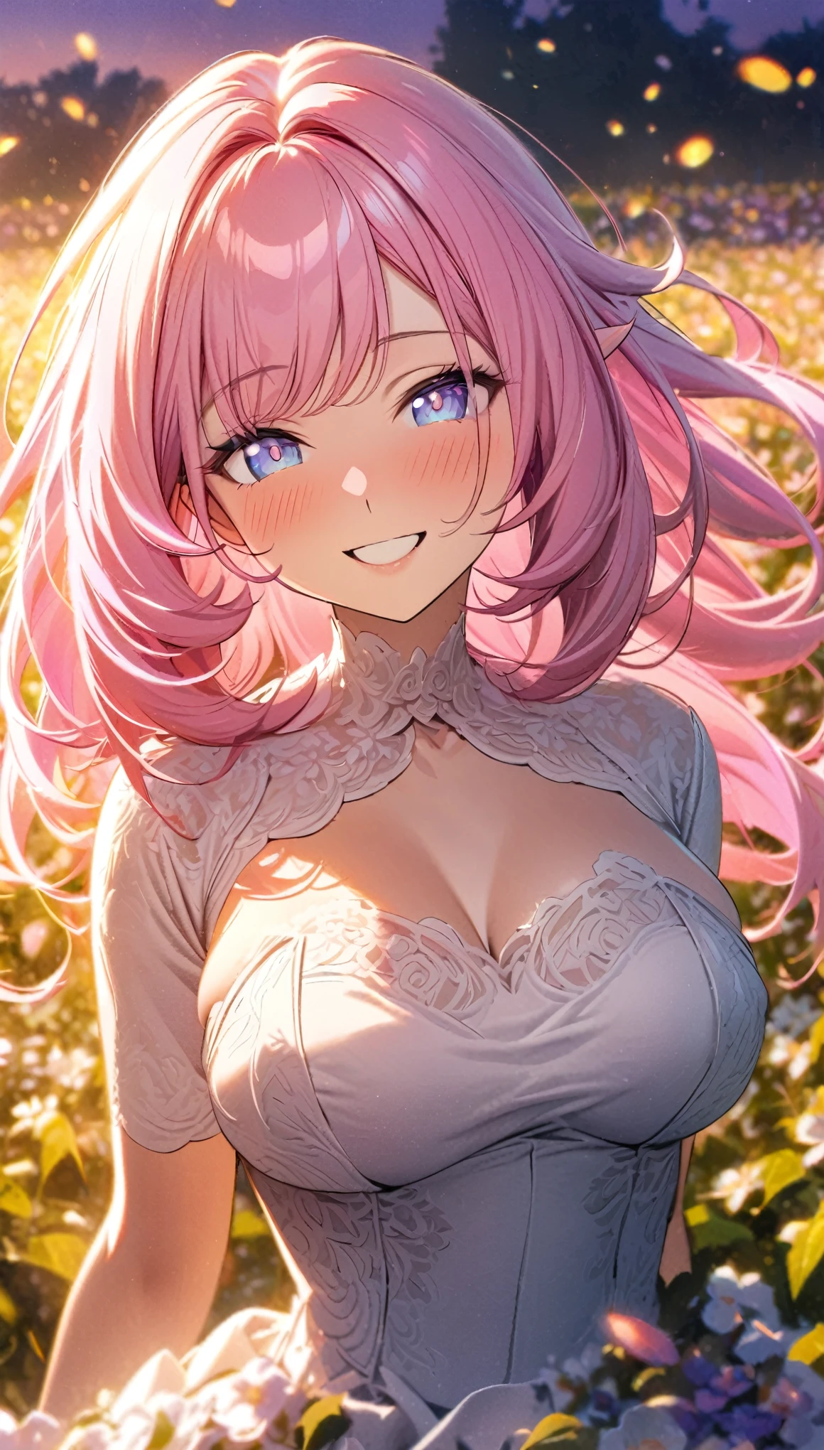 elysia, long pink hair, beautiful face,smiling,close up to hips, beautiful breast, in the middle of flowers field, wearing beautiful wedding dress, (open mouth:0.4),illustration,detailed textures(realists),ultra-detailed,portrait style,vivid colors,soft lighting, blushing, mature, hair fluttering, evening light 