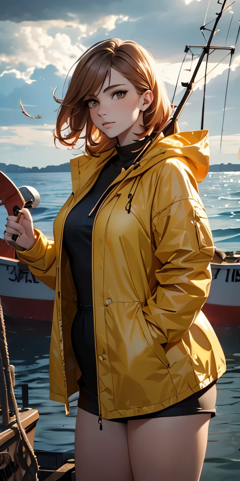 (masterpiece:1.2), best quality, photo of beautiful female fisherman, gingerhair, wearing yellow raincoat, (on fishing boat:1.3), dark clouds, hip cocked, demure, low cut, detailed skin, matte skin, soft lighting, subsurface scattering, heavy shadow, masterpiece, best quality, golden ratio,