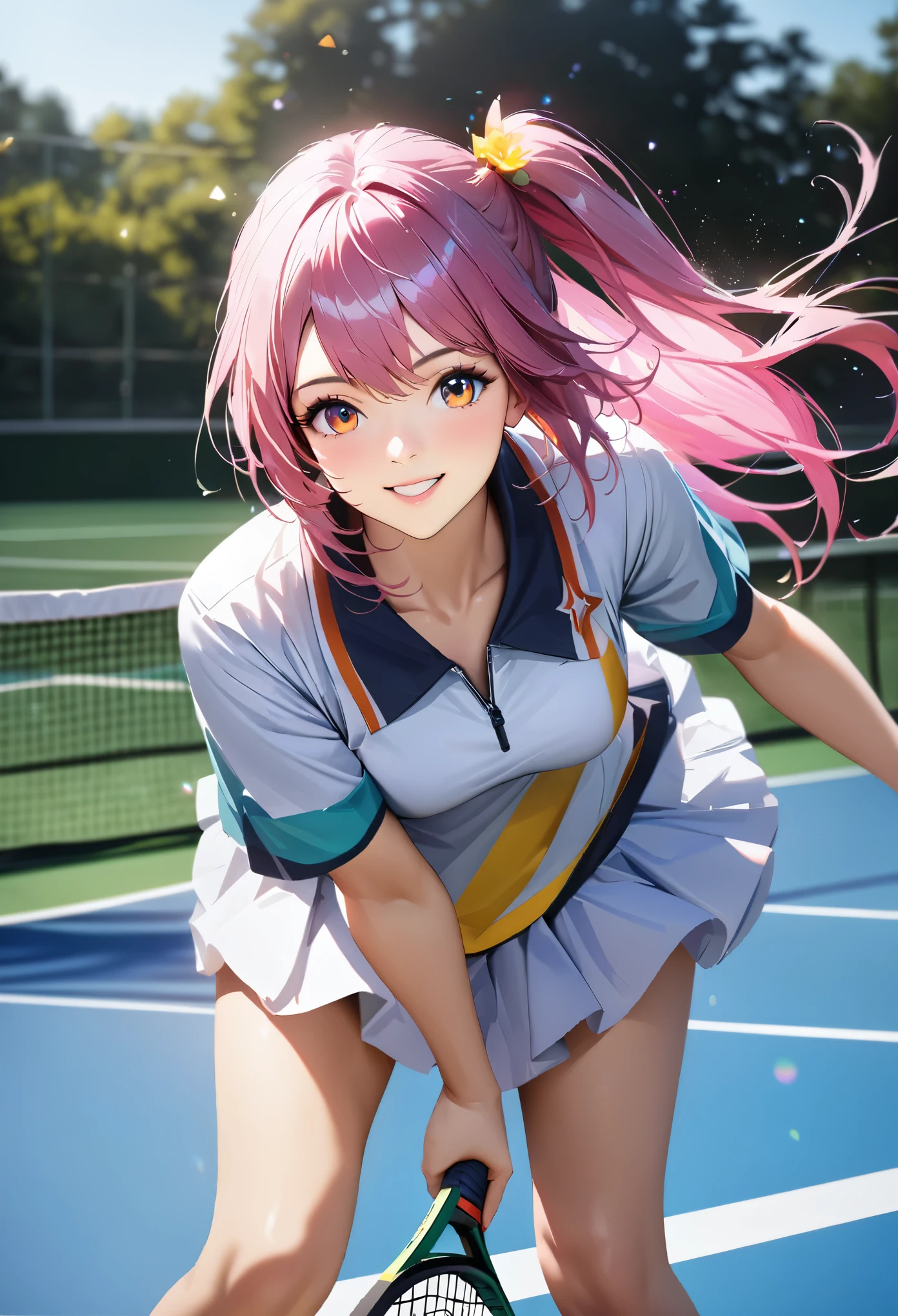 Tennis court, Sunny sky with fluffy white clouds, Tennis Wear, Holding a tennis racket,Blur the background,High school girls,Shortcuts,smile,Glitter effect,highest quality, 4K, 8k, High resolution, masterpiece:1.2, Very detailed, Realistic:1.37, High resolution, 超High resolution, Ultra-fine painting, Sharp focus, Physically Based Rendering, Very detailedな説明, Professional, Vibrant colors