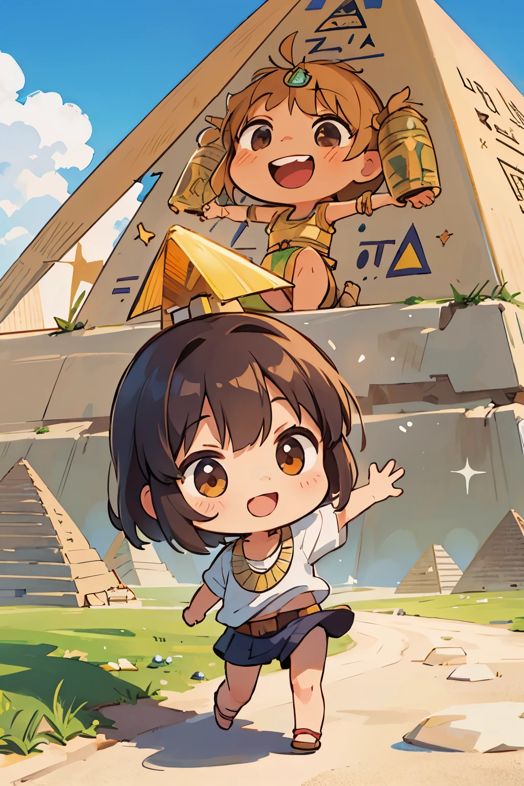 Photorealistic、Chibi Girl(Visit the Egyptian Pyramids、smile、Adventurer Style、Show your energy)