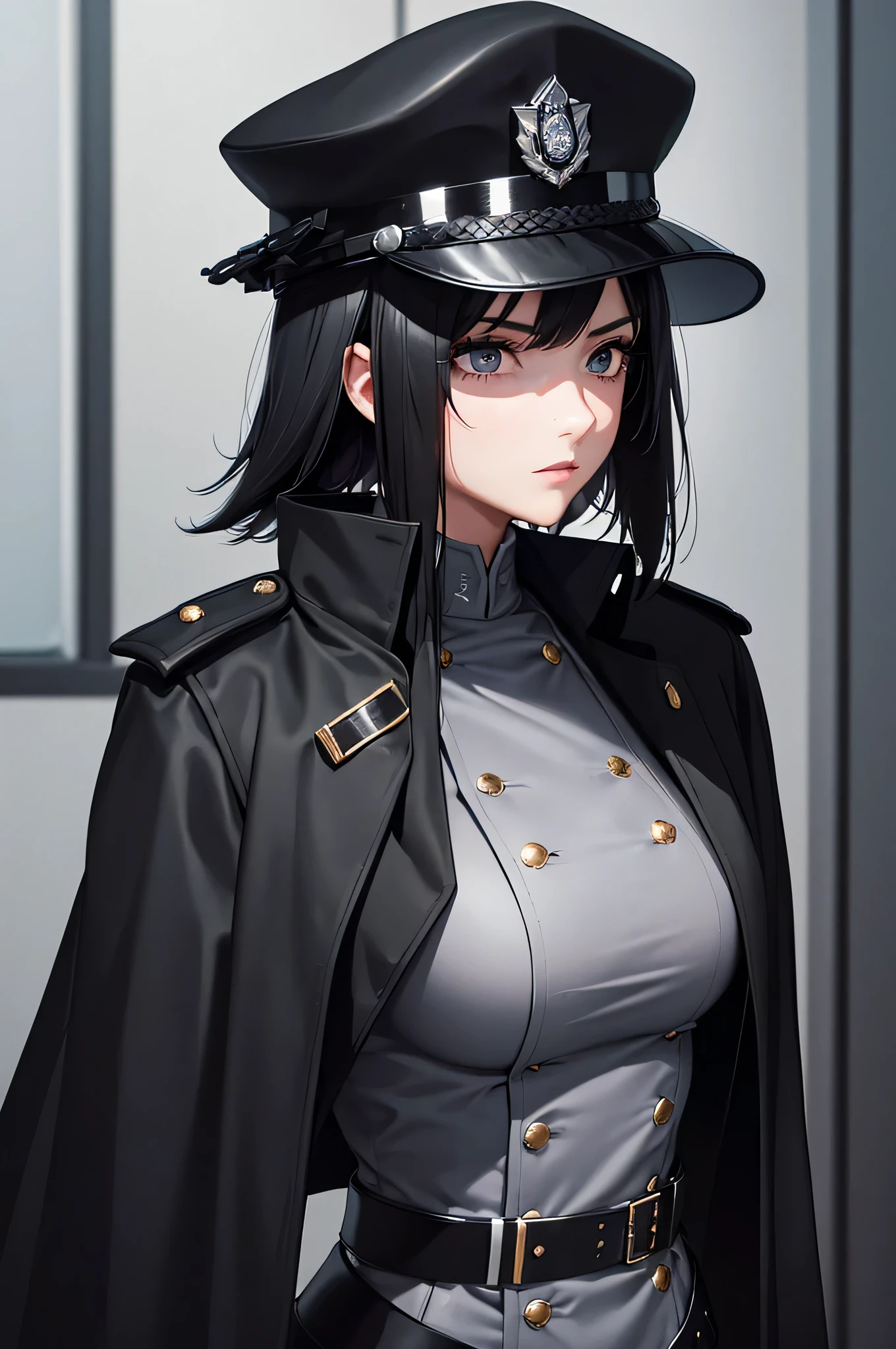 1 girl, solo, arafed women in a black uniform and a black hat, a black dieselpunk policewoman, in black military uniform, detective coat, officer, black greatcoat, police uniform, in black uniform, black armored uniform, dark coat, full uniform, inspired by Horace Vernet, officers uniform, he is wearing a black trenchcoat, dressed in black body armour, 4k res, ultra detailed, face detailed