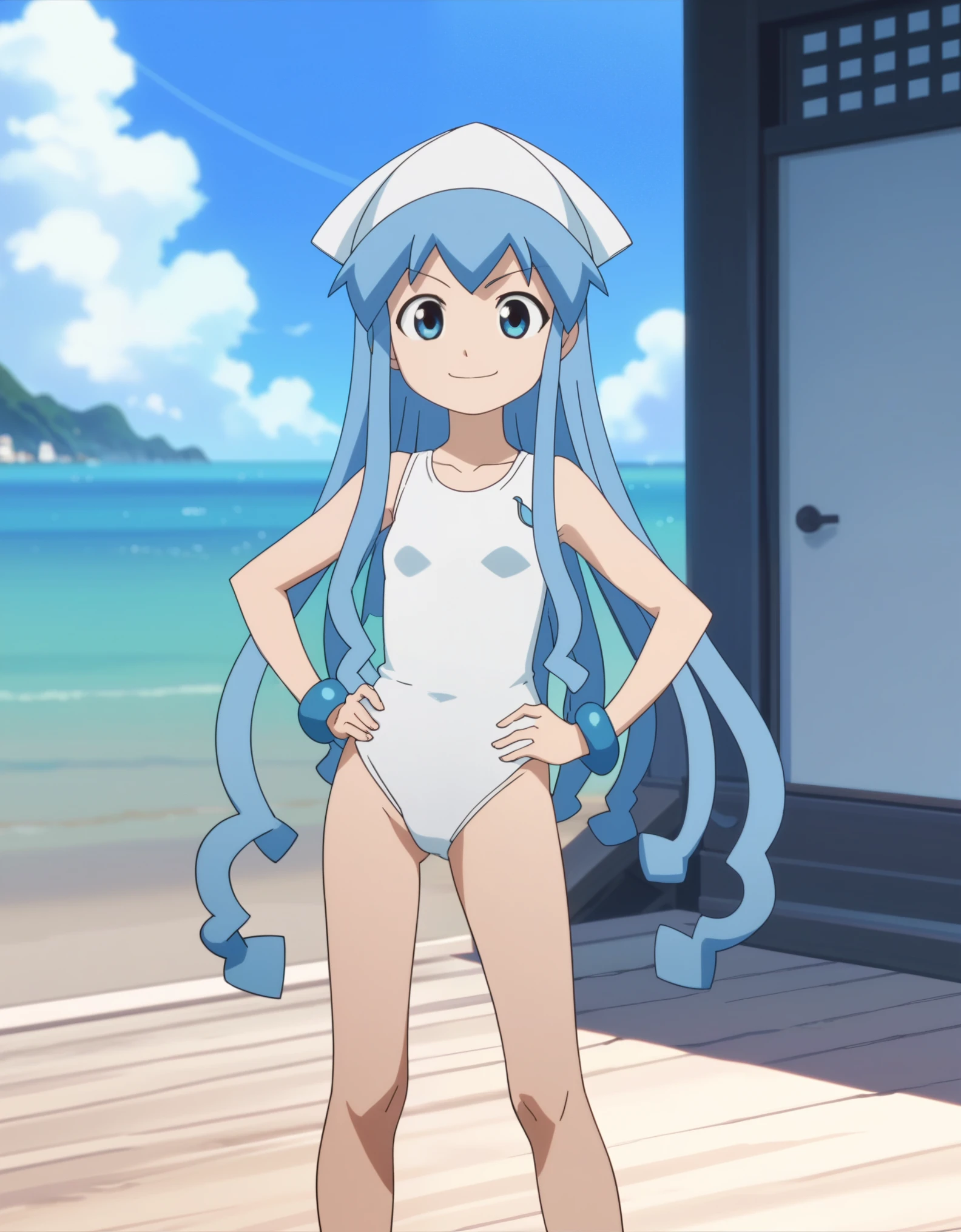 score_9, score_8_up, score_7_up, score_6_up, anime screencap, ika, white swimsuit, blue hair, blue eyes, blue bracelet, squid hat, tentacle hair, one-piece swimsuit, ocean background, standing, hands on hips, looking at viewer, smile, solo, 1girl, happy,
