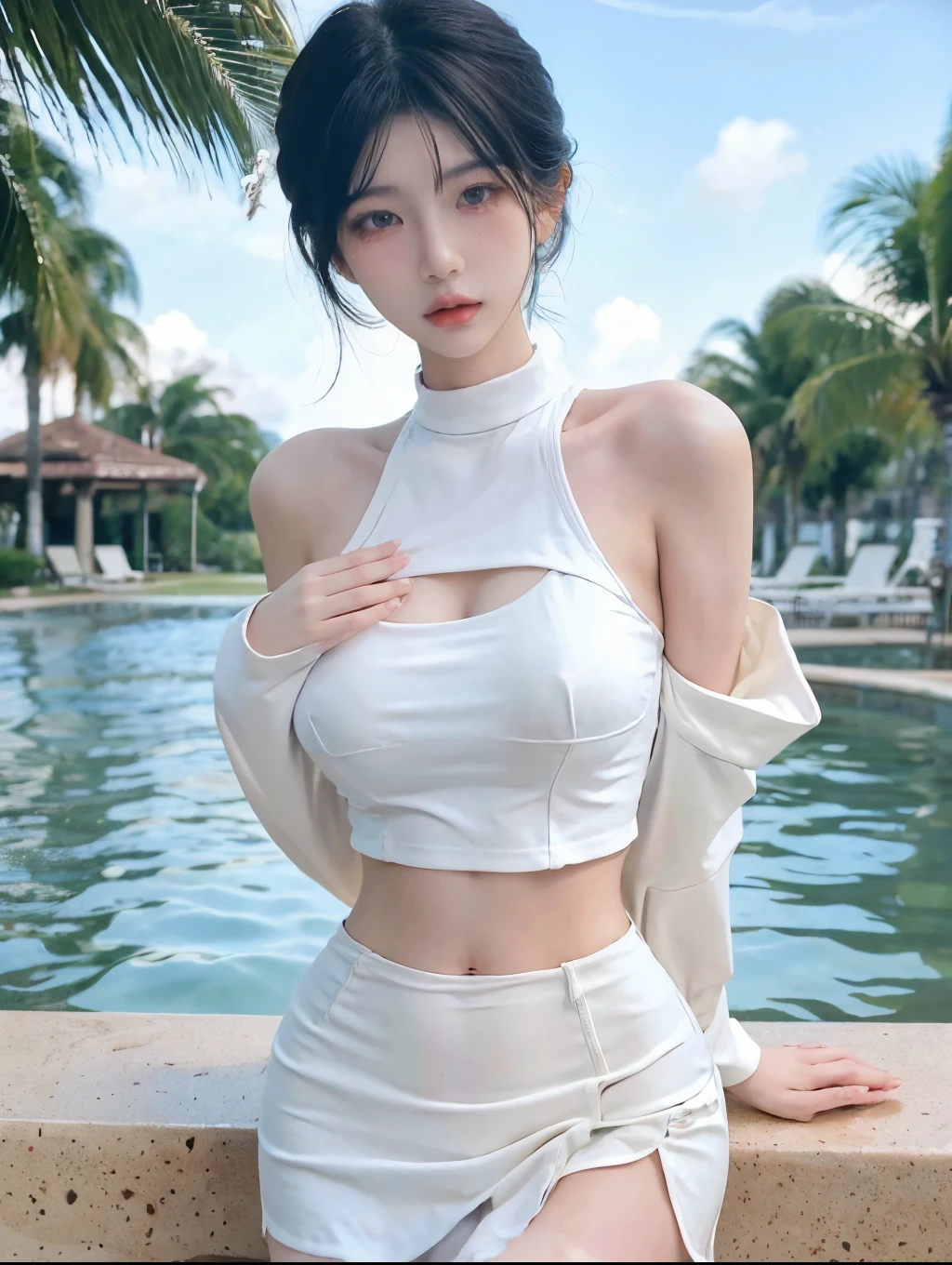 Beautiful woman with perfect figure:1.4,Layered hairstyle,White skin,Prominent cleavage,Bikini:1.5,Super short pleated skirt,whole body,Very delicate facial and skin texture,Double eyelids,Skin Whitening,Long white hair