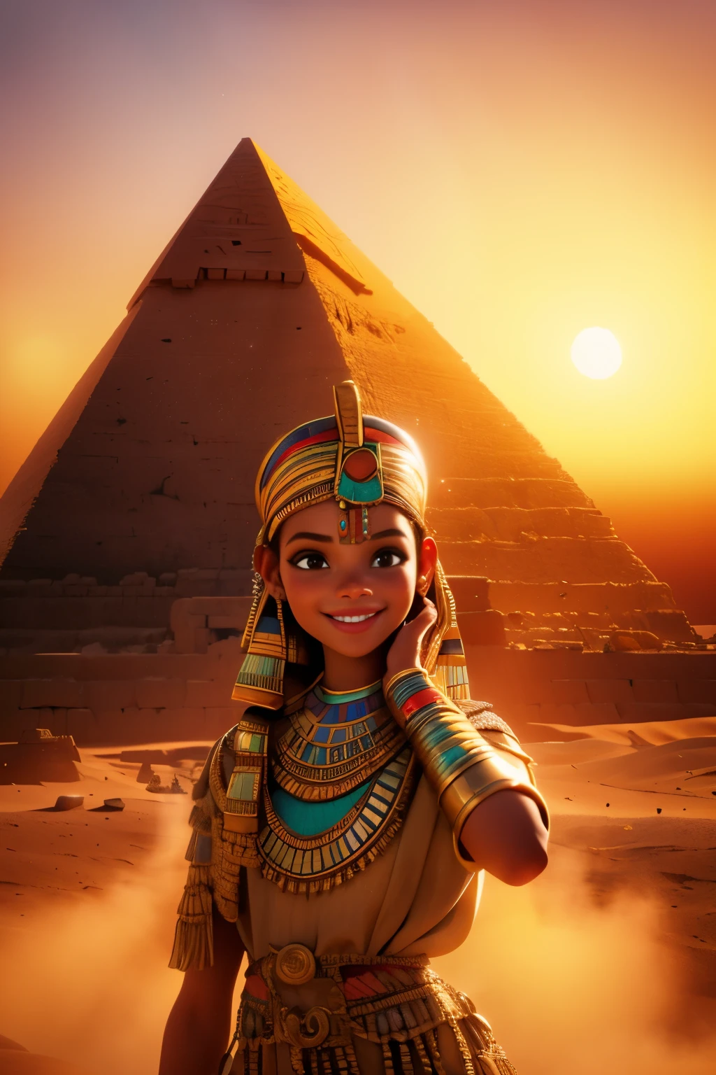 a young girl visiting the egyptian pyramids, smiling, adventurous style, energetic, highly detailed, photorealistic, 8k, hyperrealistic, extremely detailed, cinematic lighting, warm color tones, dramatic shadows, ornate jewelry, intricate clothing details, confident pose, dynamic composition, golden hour lighting, volumetric fog, atmospheric haze