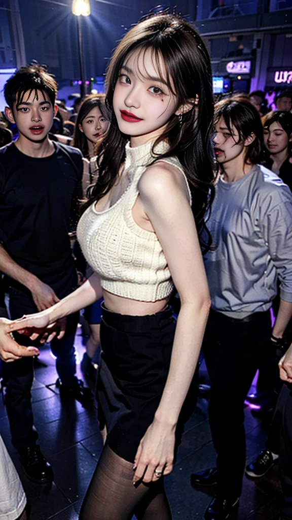 (realistic),(intricate details:1.2),(masterpiece:1.3),(top quality:1.4),(Ultra A high resolution:1.2),Ultra A high resolution, 8K resolution, NSFW, 1 woman ,(27 years old, female, korea, kpop idol) ,(High neck sleeveless knit, white colored thight miniskirt, wire high heels:1.3), sequin chain belt, plump thighs, slim legs, beautiful, shoot from the knee, angle from below, beautiful body, nail art, bracelet, jewelry earrings, ???????, medium makeup,(Facial makeup : 1.4), long eyelashes、Clear eye line, beautiful figure, the beautiful hip line、random seductive poses、((fascinating expression:1.1)),((etched smile)),((wavy hair flipped to one side))、The face is orderly, fascinating look、Gestures of seduction、detailed face、beautiful face、Light brown eyes, (full body photo), (eye for detail)、(detailed face characteristics)、random and sexy poses、beautiful legs, ultra-thin fresh-colored pantyhose, realistic pantyhose, Shaked hips, clean armpits, wire high heels、Your butt line is pretty., (UV black light :1.5), Dark Live House (Dark Live House) (Dark Live House (Dark Live House)), night club, Psych Lighting, Dark interior, surrounded by men, intense dance, fluttering hair, fire, crowded crowd, So many men surrounding her, behavior of man touching her
