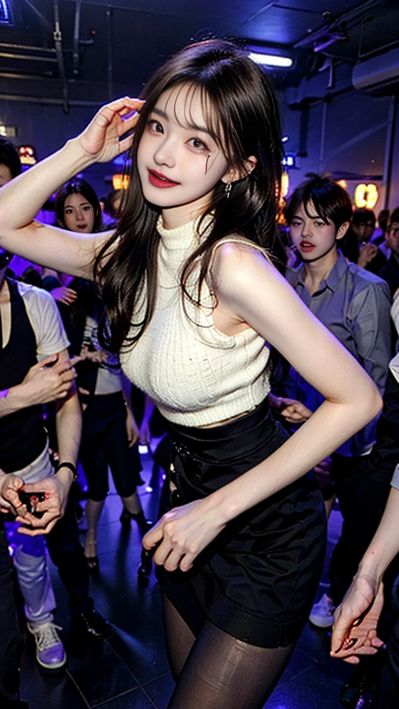 (realistic),(intricate details:1.2),(masterpiece:1.3),(top quality:1.4),(Ultra A high resolution:1.2),Ultra A high resolution, 8K resolution, NSFW, 1 woman ,(27 years old, female, korea, kpop idol) ,(High neck sleeveless knit, white colored thight miniskirt, wire high heels:1.3), sequin chain belt, plump thighs, slim legs, beautiful, shoot from the knee, angle from below, beautiful body, nail art, bracelet, jewelry earrings, cocaine, medium makeup,(Facial makeup : 1.4), long eyelashes、Clear eye line, beautiful figure, the beautiful hip line、random seductive poses、((fascinating expression:1.1)),((etched smile)),((wavy hair flipped to one side))、The face is orderly, fascinating look、Gestures of seduction、detailed face、beautiful face、Light brown eyes, (full body photo), (eye for detail)、(detailed face characteristics)、random and sexy poses、beautiful legs, ultra-thin fresh-colored pantyhose, realistic pantyhose, Shaked hips, clean armpits, wire high heels、Your butt line is pretty., (UV black light :1.5), Dark Live House (Dark Live House) (Dark Live House (Dark Live House)), night club, Psych Lighting, Dark interior, surrounded by men, intense dance, fluttering hair, fire, crowded crowd, So many men surrounding her, behavior of man touching her