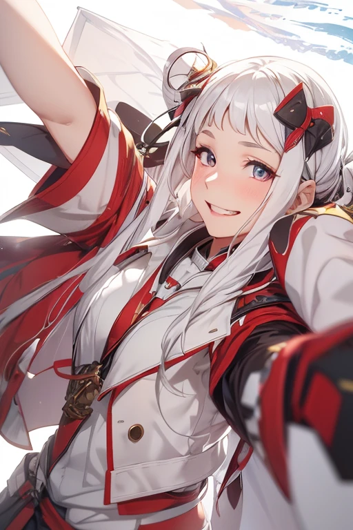 CG, Unity, 8k, wallpaper, highest quality, masterpiece, One girl, Cheerful girl, ************, (Bright smile: 1.2), barefoot, Best lighting, Complex pupil, Complex weaving,Low - Angle,White Hair,Hair covering one eye,whole body,((White background))