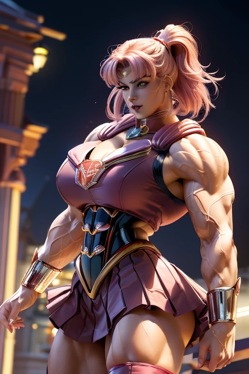 (((Massive, tall, beautiful, buff, light brown skinned muscular woman with shocking pink hair, black lipstick, ginormous bulky muscles and wearing a red mechanized sailor moon suit and skirt))), (close view), massive muscles, massive biceps, hyper muscle triceps, (angled bob cut), choker, red eyes, black tiara, sailor moon boots, fire, red aura, Mars, night time, smirk, hyper muscles arms, hyper muscle legs, (massive arms)
