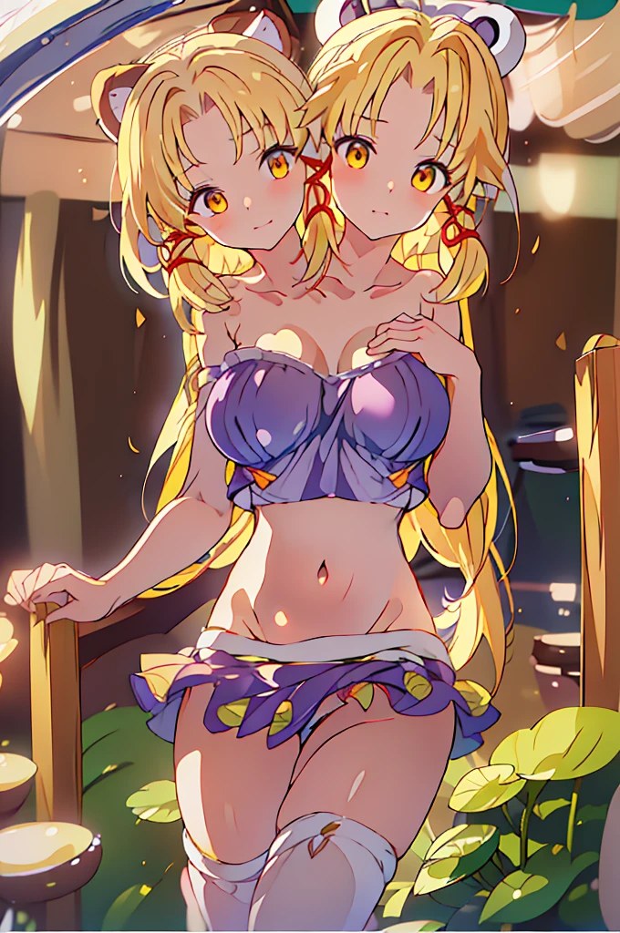(masterpiece, best quality), top best quality, (ultra-detailed), (3heads:1.5), 1girl, (moriya suwako:1.3), masterpiece, best quality, ultra quality, ultra resolution, ultra detail, simple purplish-blue top, crop top, ((stomach)), midriff, ((groin)), simple purplish-blue skirt, normal ears, shackles, yellow hair, very long hair, wavy hair, sidelocks, golden yellow eyes, parted lips, sweat, cute, toned belly, hand on own chest, eyelashes, (24 year old woman:1.3), (masterpiece:1.6), (best quality:1.6), (beautiful detailed), extremely detailed CG, extremely delicate and beautiful, depth of field, (finely detailed face), (perfect details:1.2), ( female:1.3), wide pelvis, slender, large veiny breastresolution, highres, high quality, high definition, extremely detailed, masterpiece, yellow hair, long hair, alluring presence, braid, short skirt, close up, very big tits, hu young, hair ri, open belly, girl with three heads, three headed girl,