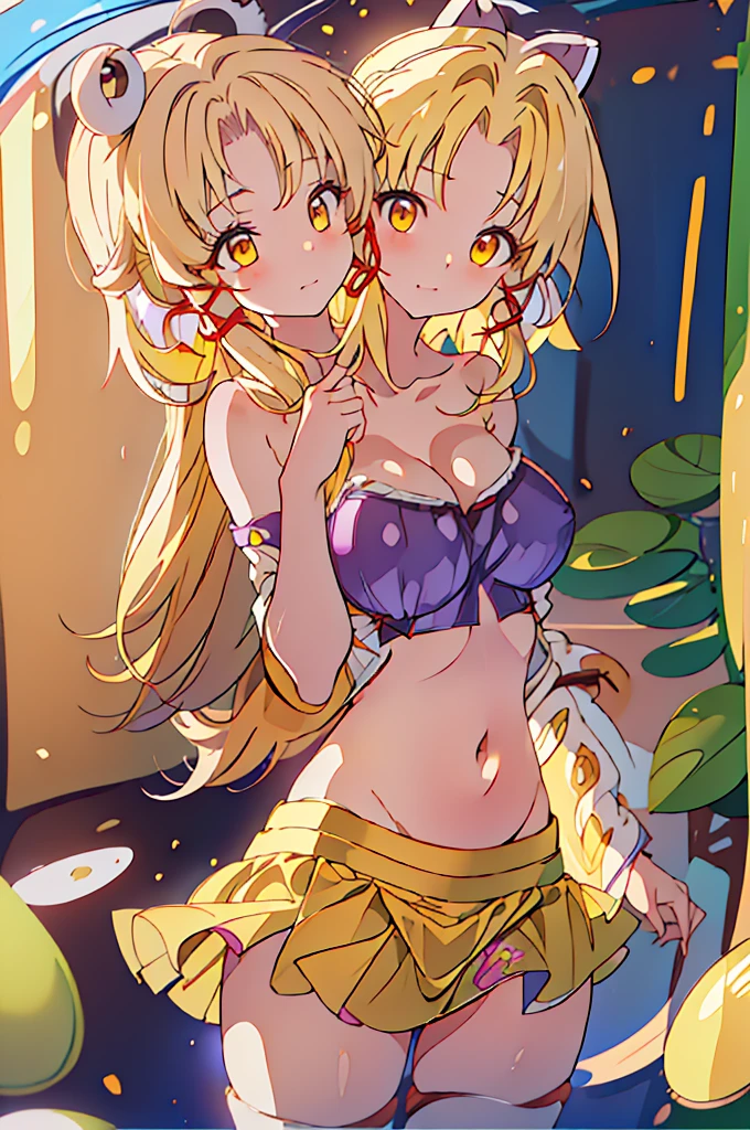 (masterpiece, best quality), top best quality, (ultra-detailed), (3heads:1.5), 1girl, (moriya suwako:1.3), masterpiece, best quality, ultra quality, ultra resolution, ultra detail, simple purplish-blue top, crop top, ((stomach)), midriff, ((groin)), simple purplish-blue skirt, normal ears, shackles, yellow hair, very long hair, wavy hair, sidelocks, golden yellow eyes, parted lips, sweat, cute, toned belly, hand on own chest, eyelashes, (24 year old woman:1.3), (masterpiece:1.6), (best quality:1.6), (beautiful detailed), extremely detailed CG, extremely delicate and beautiful, depth of field, (finely detailed face), (perfect details:1.2), (mature female:1.3), wide pelvis, slender, large veiny breast, 16k resolution, highres, high quality, high definition, extremely detailed, masterpiece, yellow hair, long hair, alluring presence, braid, short skirt, close up, very big tits, huge tits, young, hair ribbon, open belly, girl with three heads, three headed girl,