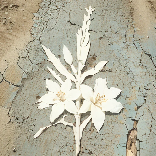 there is a white flower on a cracked surface with a plant in the middle, depicting a flower, soft cracks, desert flowers, dried flower, flower, botanical background, white flower, “ iron bark, weathered drawing, dry ground, botanic, botanical artwork, cracks, dry dirt, flower background, botanical, cracked dry lake bed, rust and plaster materials