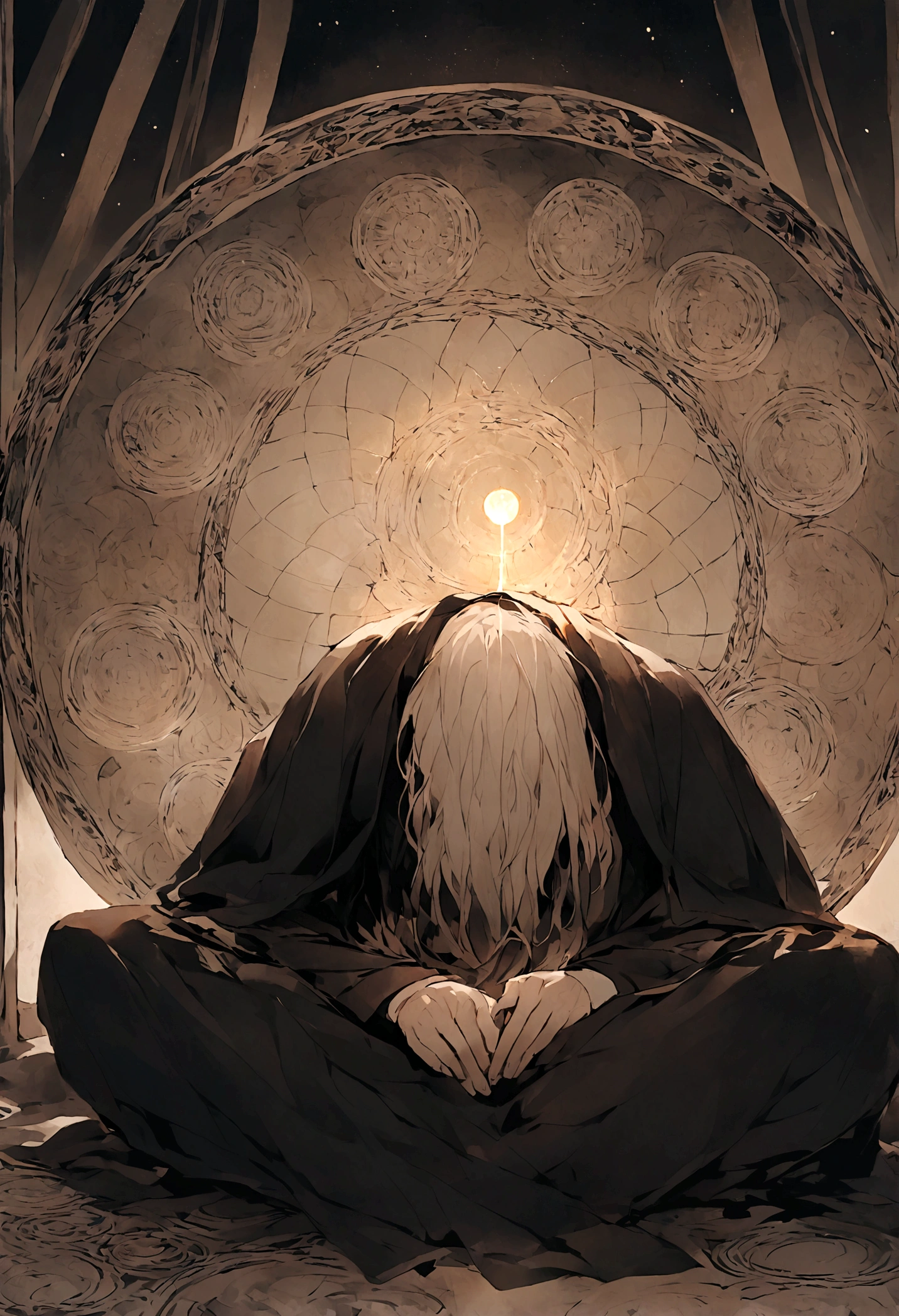Ten Aspects of Longevity，A boy in the void，Curled up position，There are ten magic circles around the boy.，