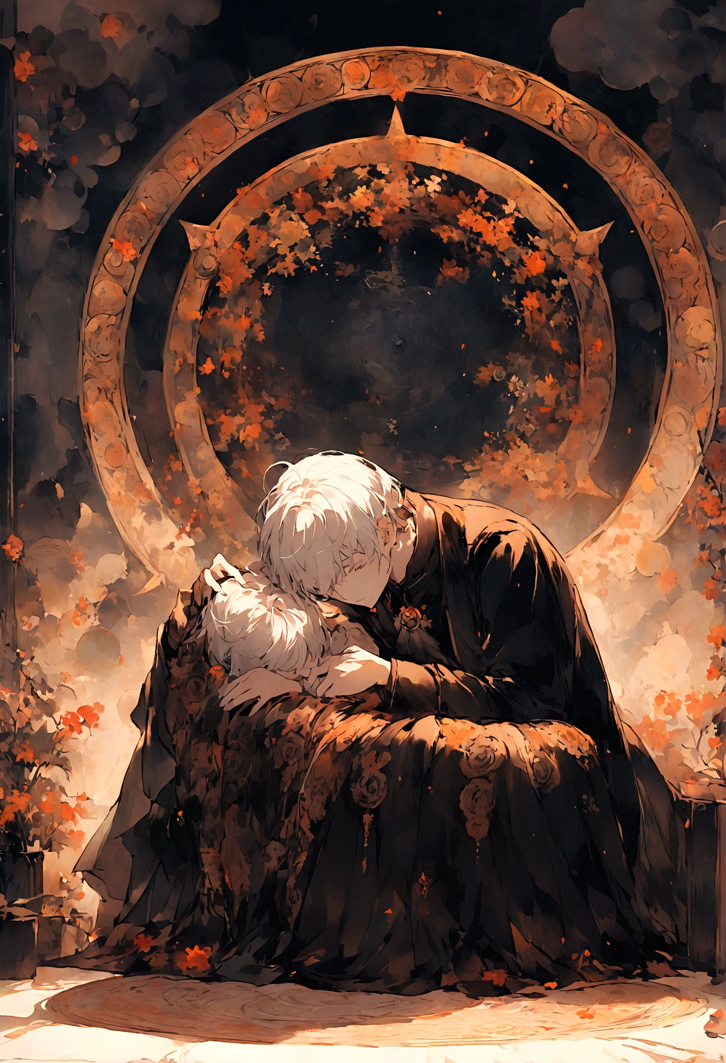 Ten Aspects of Longevity，A boy in the void，Curled up position，There are ten magic circles around the boy.，