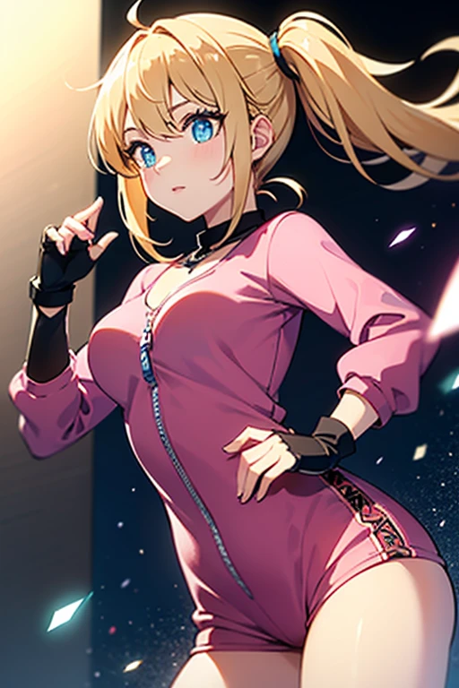 1girl, blond hair two ponytails, shinny hair, glowing blue eyes, wearing a pink outfit, sidelighting, light particles, background outside down town, sunny, doing a poss