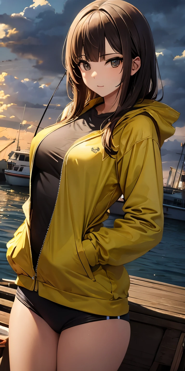 (masterpiece:1.2), best quality, photo of beautiful female fisherman, gingerhair, wearing yellow raincoat, (on fishing boat:1.3), dark clouds, Hyperdetailed, analog style, hip cocked, demure, low cut, detailed skin, matte skin, soft lighting, subsurface scattering, heavy shadow, masterpiece, best quality, golden ratio, Intricate