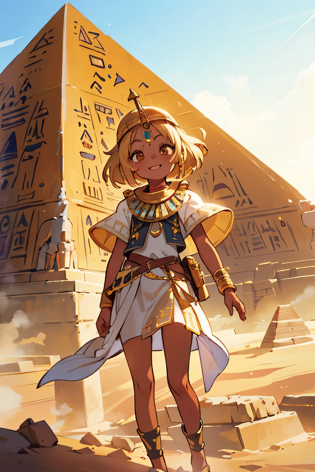 a young girl visiting the egyptian pyramids, smiling, adventurous style, energetic, highly detailed, photorealistic, 8k, hyperrealistic, extremely detailed, cinematic lighting, warm color tones, dramatic shadows, ornate jewelry, intricate clothing details, confident pose, dynamic composition, golden hour lighting, volumetric fog, atmospheric haze