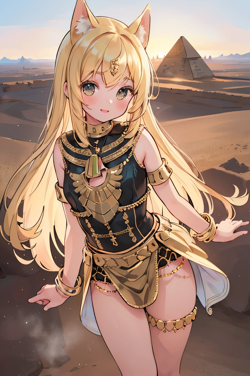 a young girl visiting the egyptian pyramids, smiling, adventurous style, energetic, highly detailed, photorealistic, 8k, hyperrealistic, extremely detailed, cinematic lighting, warm color tones, dramatic shadows, ornate jewelry, intricate clothing details, confident pose, dynamic composition, golden hour lighting, volumetric fog, atmospheric haze