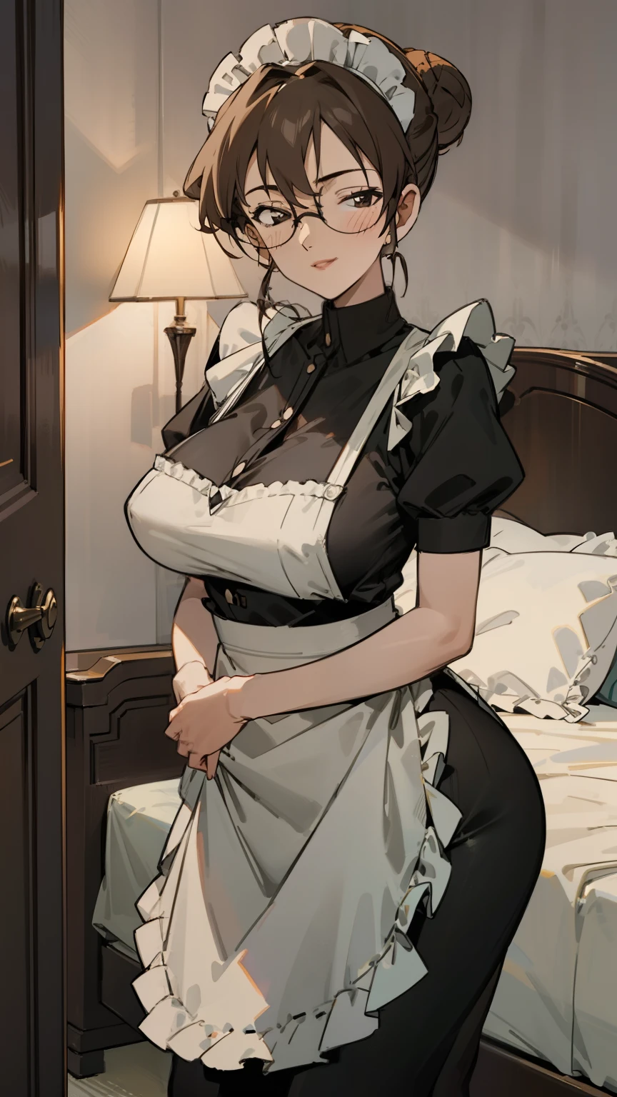 Night time,(Masterpiece), Best Quality, ultra-detailed, 1girl (eri,  Slender and sexy body, huge breasts, wide hips, brown hair, single hair bun, brown eyes, half-closed eyes,  spectacles), smile, parted lips, facing viewer, looking at viewer, solo, maid (black), frill, apron, maid headdress, in the  bedroom, standing,  Sexy waist teasing , 