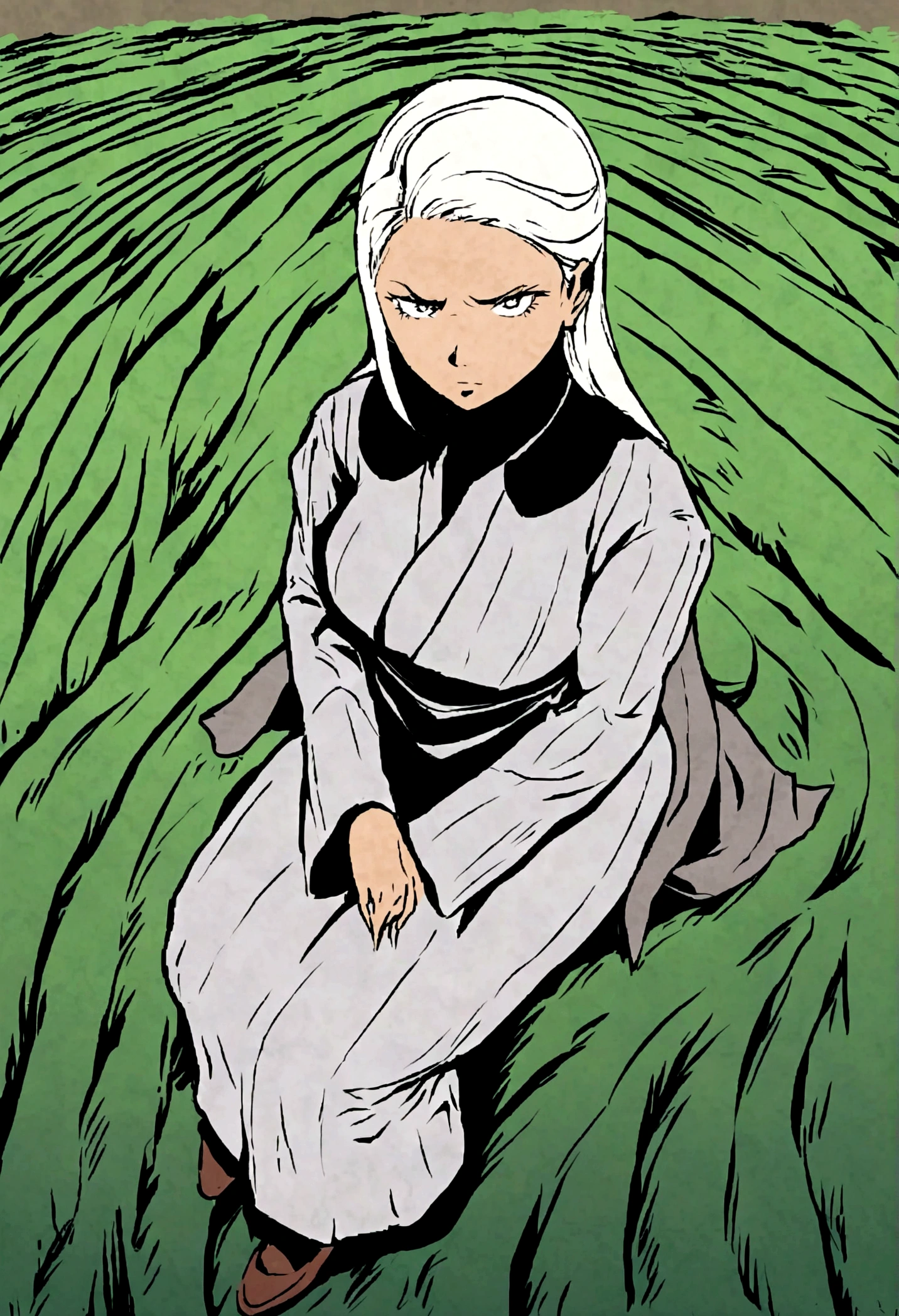 Illustration of a rich woman sitting and looking at a rice field. Wide angle, straight face, Tha Ro card style.
