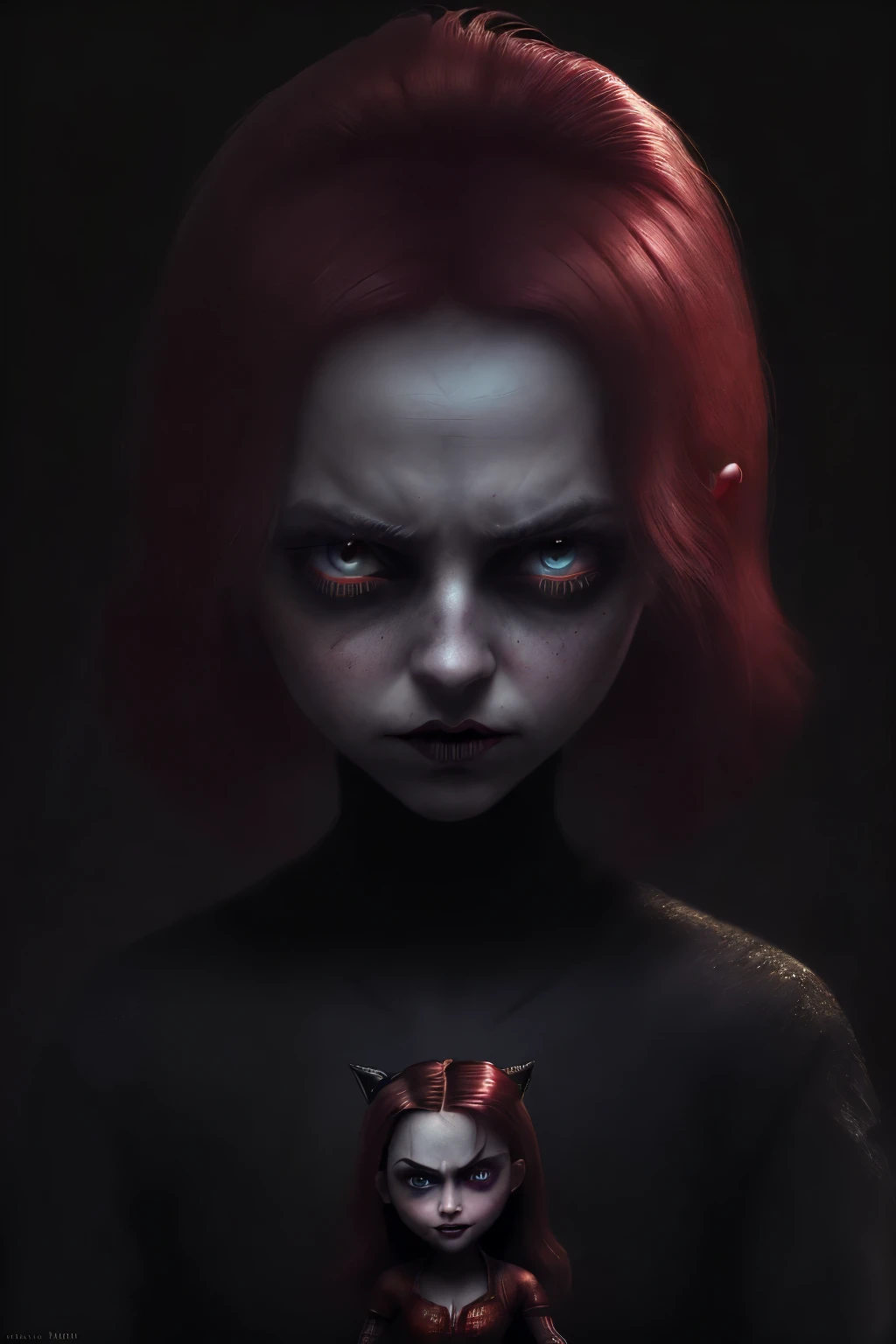 The Red Queen is a computer system evilness,appearence a 13 years old teenage girl.red hologram((portrait: 1 girl))angry expression, pixar style, Dark, Negative, twisted, weird, (Big super-detailed eyes, Children's doll eyes), dark makeup under the eyes, mysterious background,Emma Watson, But Tim Burton