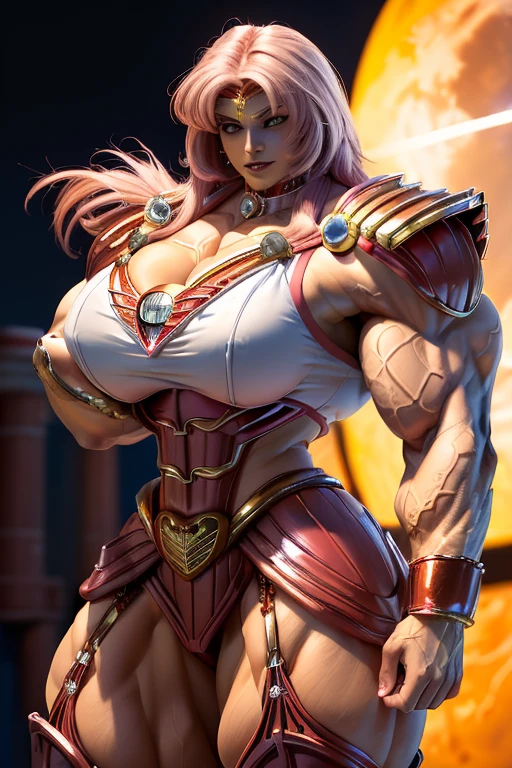 (((Massive, tall, beautiful, buff, light brown skinned muscular woman with shocking pink hair, black lipstick, ginormous bulky muscles and wearing a red mechanized sailor moon suit and skirt))), (close view), massive muscles, massive biceps, hyper muscle triceps, (angled bob cut), choker, red eyes, black tiara, sailor moon boots, fire, red aura, Mars, night time, smirk, hyper muscles arms, hyper muscle legs, (massive arms)