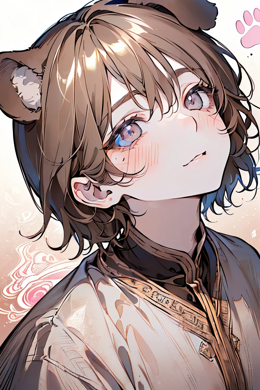 ,(((male:1.3))),((lightbrown hair:1.3)),(Shiny marble eyes:1.45),(forehead mark),(NSFW:1.15),((drooping dog ears:1.2)),(A lustrous, soft face:1.4),((blush、Waiting for a kiss、Excited face:1.2)),((head down:1.3)),(head down and Looking up:1.5),((POP and cute animal footprint background:1.25)),((Gorgeous Arabian costume:1.3)),(black、gray、white、pink),(hand to own cheek:1.2)