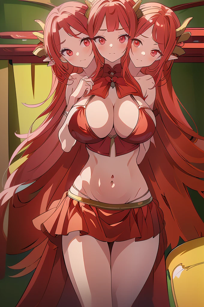 (masterpiece, best quality), best quality, (ultra-detailed), (3heads:1.5), 1girl, (Singyoku :1.3), masterpiece, best quality, ultra quality, ultra resolution, ultra detail, red top, crop top, ((stomach)), midriff, ((groin)), red skirt, normal ears, shackles, flowing red hair, very long hair, wavy hair, sidelocks, glowing red eyes, parted lips, detailed eyes, sweat, cute, toned belly, hand on own chest, eyelashes, (24 year old woman:1.3), (masterpiece:1.5), (best quality:1.5), (beautiful detailed), extremely detailed CG, extremely delicate and beautiful, depth of field, (finely detailed face), (perfect details:1.2), (mature female:1.3), wide pelvis, slender, large veiny breast, 16k resolution, highres, very high quality, very high definition, extremely detailed, masterpiece, flowing red hair, long hair, alluring presence, braid, short skirt, close up, very big tits, huge tits, young, horns, milf, girl with three heads,