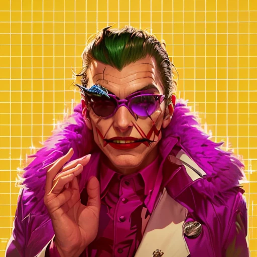 arafed image of a man in a purple feathered jacket and sunglasses, supervillain, super villain, violet polsangi pop art, jerma985 as the joker, evil villain, jjba, pink iconic character, butcher billy style, jerma, inspired by Dong Kingman, portrait of professor sinister, the riddler, retro pink synthwave style