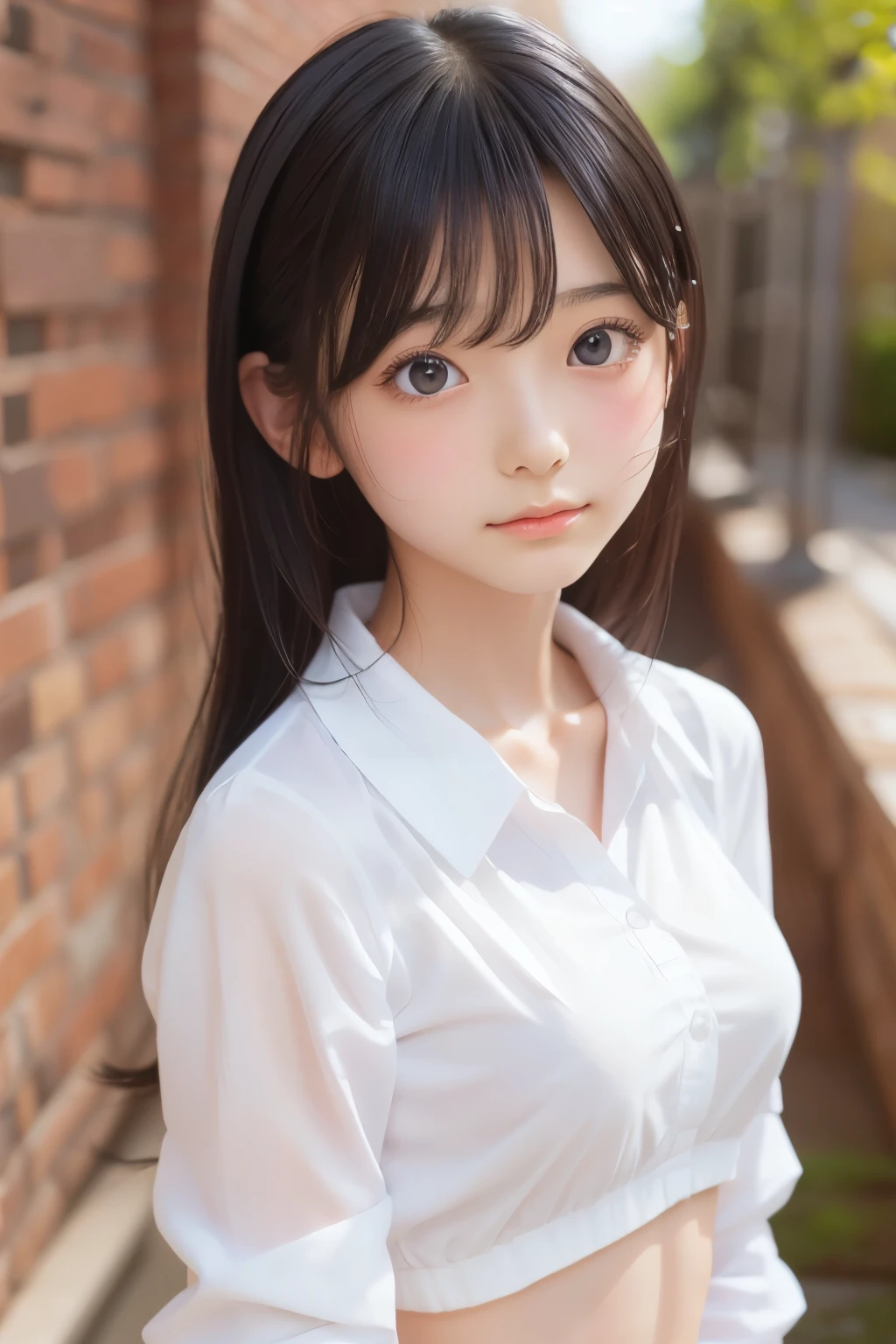  anime girl, Realistic Shadows, Detailed skin, Very small breasts, Black Hair, Very detailed, 8kのVery detailedな顔, perfect face shape, Perfect Lips, Perfect Nose, Correcting Beautiful Eyes, watching viewer, White shirt, Hair Flower, masterpiece, highest quality, Single woman,  alone