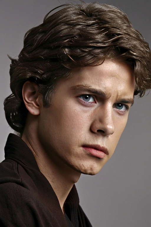 4K, HD, better quality, detailed, human, boy, dark brown eyes, anakin skywalker style, Anakin Skywalker hair, dark brown hair, serious, It's in a StarWars style city