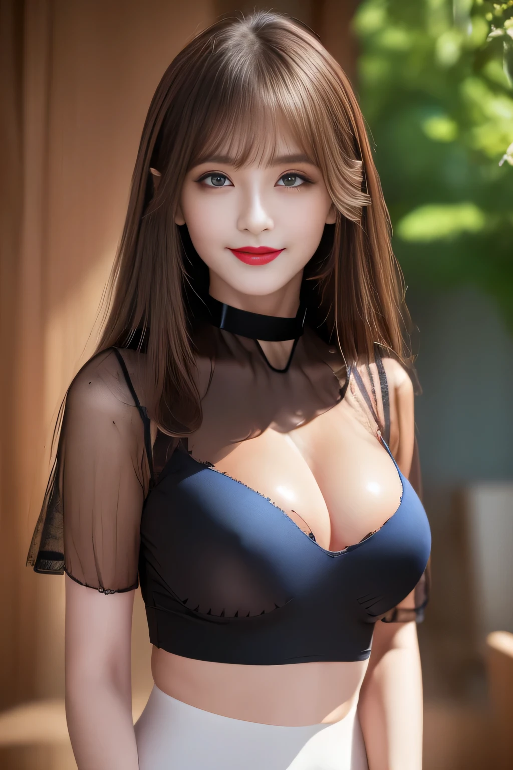 ((highest quality, 8k, Representative works in detail, Ultra-high resolution)), (Looking at the audience), (Cowboy Shot), Attractive woman, (()),  smile, ((Black choker)), Slim figure, (Blue Eyes), Long eyelashes, bangs, Beautiful shiny brown hair, Nogizaka Idol, Slim face、((See-through blouse)), Bright red lipstick、Black Bra、seamless