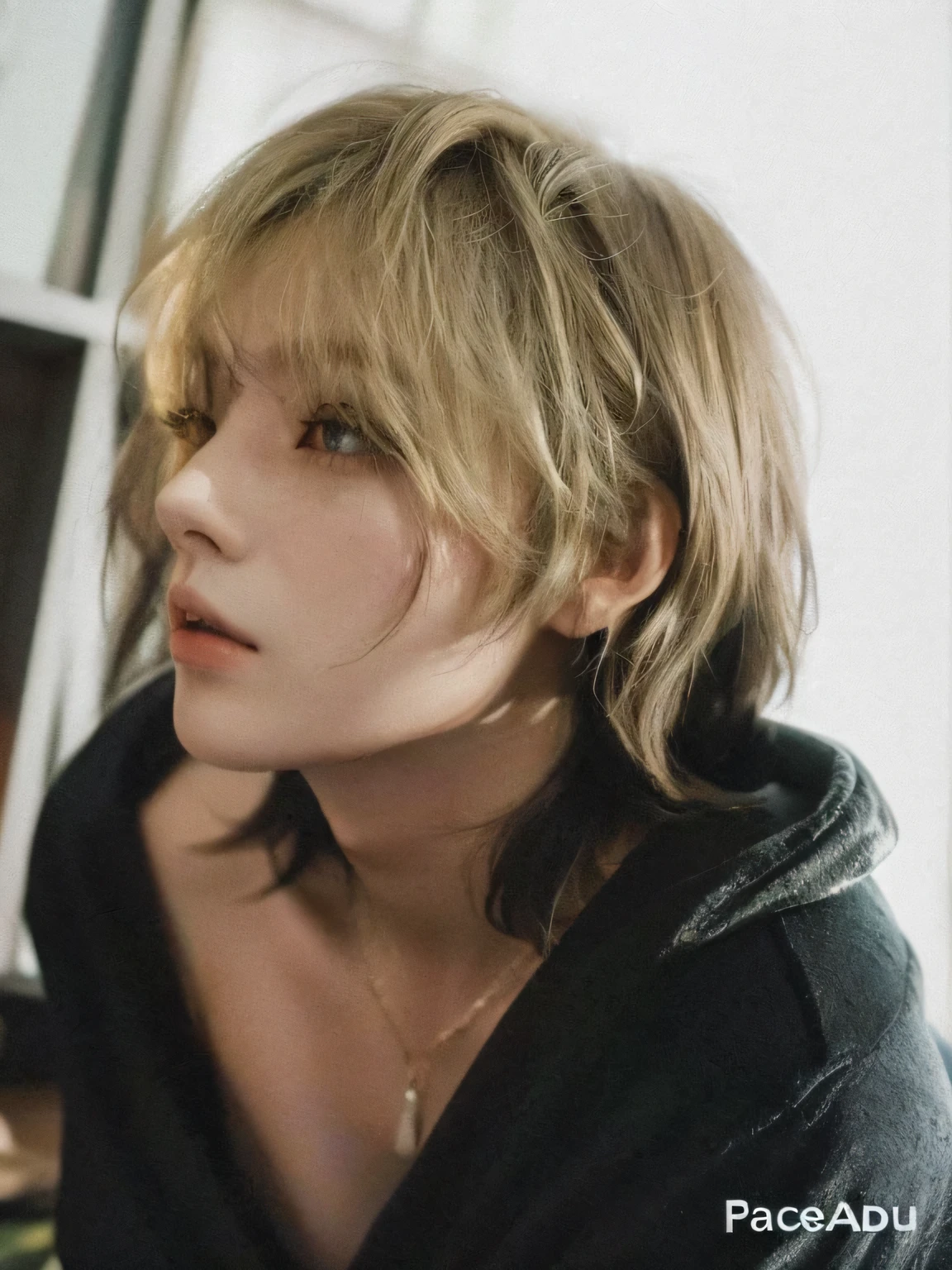 mulher arafada com cabelo loiro e camisa preta olhando para o celular, com cabelo curto, Cai Xukun, androginia, portrait androgynous girl, Toru Furuya, beautiful androgynous prince, delicate androgynous prince, Jung Jaehyun, androgynous, sakimichan, retratar uma mulher como reol