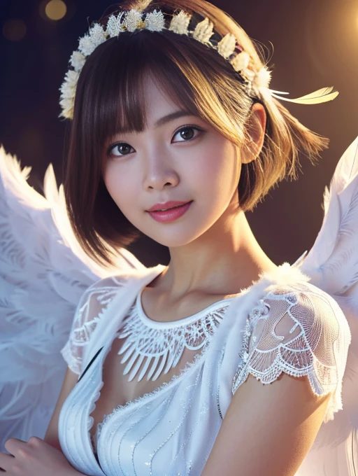 (A Ultra cute young Japanese Angel:1.75), (She has real Angel wings:1.75),(she wearing a decorated with feathers and lace holy angel costume slim fit:2.0),(She is an angel floating in the air:1.5),(beautiful detailed eyes:2.0),beautiful detailed lips, (extremely detailed cute face:2.0), longeyelashes, (slender woman body:2.0), (beautiful short hair:2.0), (natural makeup:1.2),big smile, incredibly beautiful skin,(professional lighting, bright lighting, photorealistic, 8k, high resolution, best quality, masterpiece, ultra-detailed:1.75), vivid colors, (Moonlit Night:1.5),(The moonlight shines on her face:1.2)