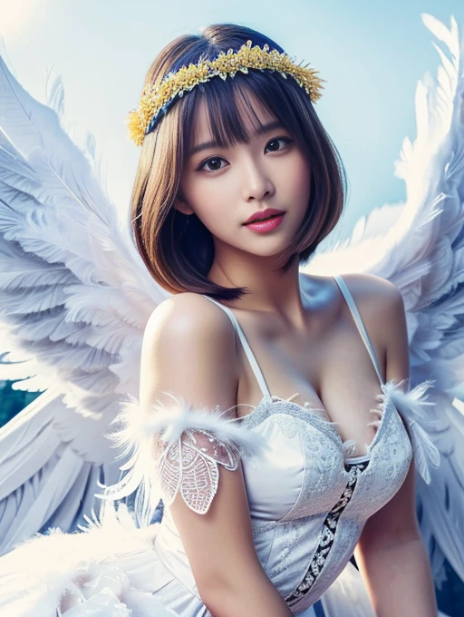 (A Ultra cute young Japanese Angel:1.75), (She has real Angel wings:1.75),(she wearing a decorated with feathers and lace holy angel costume slim fit:2.0),(She is an angel floating in the air:1.5),(beautiful detailed eyes:2.0),beautiful detailed lips, (extremely detailed cute face:2.0), longeyelashes, (slender woman body:2.0), (beautiful short hair:2.0), (natural makeup:1.2),big smile, incredibly beautiful skin,(professional lighting, bright lighting, photorealistic, 8k, high resolution, best quality, masterpiece, ultra-detailed:1.75), vivid colors, (Moonlit Night:1.5),(The moonlight shines on her face:1.2)