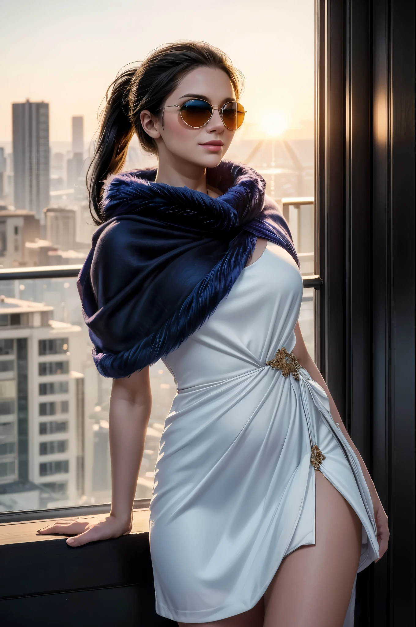 masterpiece, best quality, extremely detailed, hyperrealistic:1.1, photorealistic, a beautiful 20s russian model, ultra detailed face:1.1, sunglasses on head:1.1, blue fur shawl, white dress, high ponytail, black hair, view from high-rise, in the sunset, warm smile:1.1, dancing