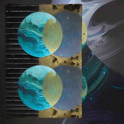 there is a picture of a stop light with two blue circles, digital collage, digital mixed media painting, the nonlinear. digital painting, superimposed composition, abstracted painterly techniques, multiple moons, abstract album cover, circle forms, black cyan gold and aqua colors, archival pigment print, abstract holescape, digital art - n 5, semiabstract