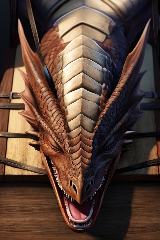 Dead wyvern body laying on the table. Eyes closed. Strapped to the table with leather straps. Mouth wide open, close up. Photorealistic