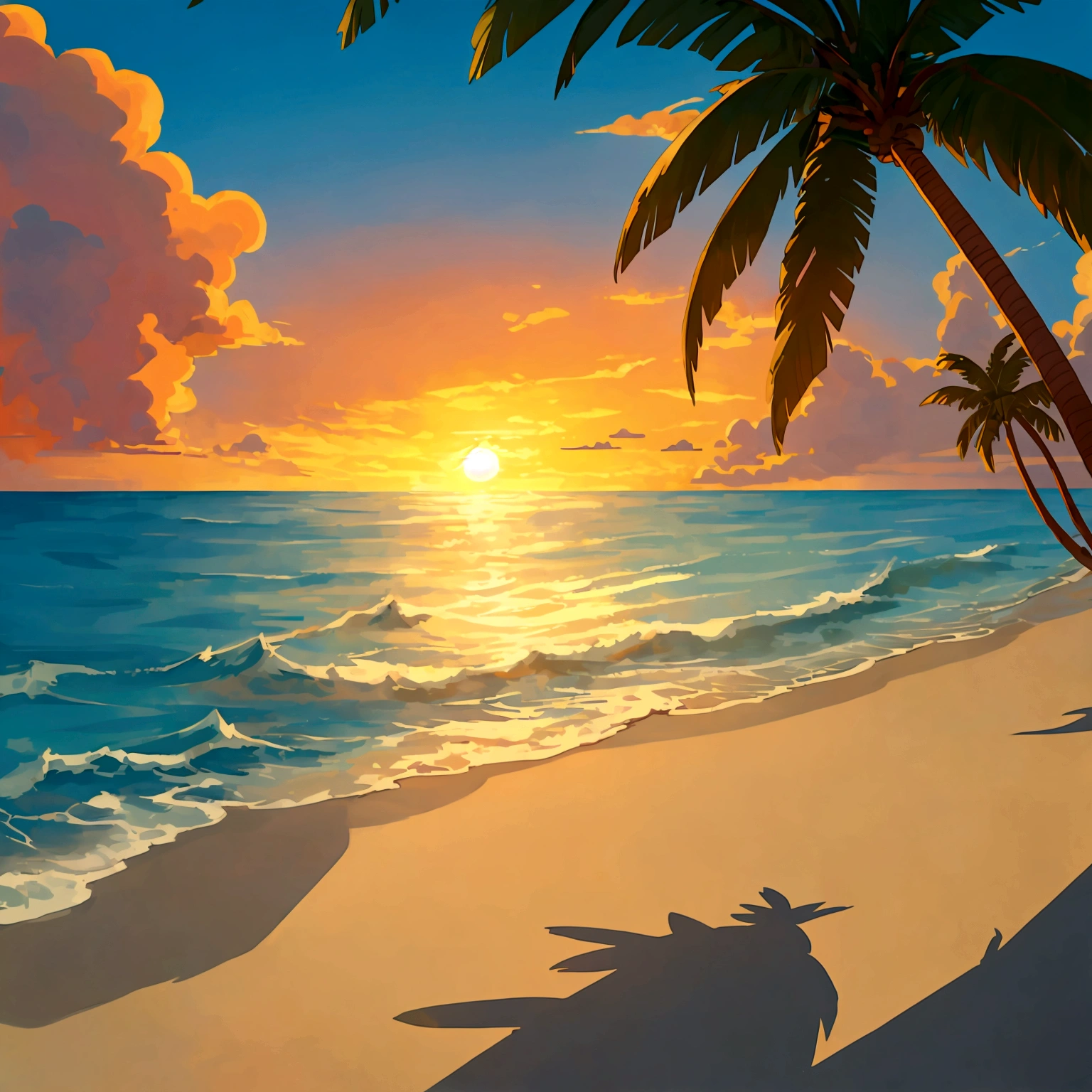 cartoon pictures, Two-dimensional, Retro, sunset view, top camera angle, There is a sea, coconut tree shadow